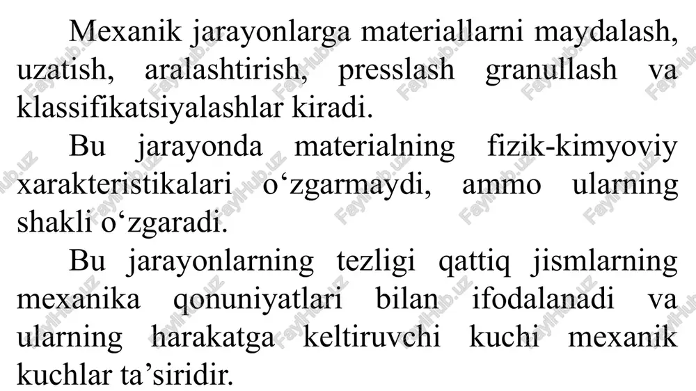 aydi. shuning uchun, maydalash usulini tanlash material bo‘laklarining kattaligi va mustahkamligiga bog‘liq. mustahkam va mo‘rt materiallar ezish va zarba, mustahkam va egiluvchanlari - ezish, o‘rtacha mustahkam, egiluvchan materiallar - zarba, yeyilish yoki yorish usulida maydalanadi. maydalash bir yoki bir necha usullarda, ochiq va yopiq sikllarda amalga oshiriladi. undan tashqari, maydalash jarayonini quruq yoki nam usullarda ham o‘tkazsa bo‘ladi. ayrim hollarda, material xususiyatlariga qarab: ultratovush, gidravlik zarba to‘lqini, yuqori va past temperaturalarni tez almashtirish, elektrogidravlik zarba, bosimni tezda o‘zgartirish, yuqori temperaturada qizdirish usullarini ham qo‘llasa bo‘ladi. maydalash jarayonlarida katta miqdorda energiya sarflanadi. energiya sarfi mavjud maydalash nazariyalari asosida topilishi mumkin. yuza nazariyasiga binoan, maydalash jarayonidagi ish, materialni parchalanish yuzasi bo‘yicha molekulalar tortishish kuchini yengishga sarflanadi. ushbu nazariyaga ko‘ra. maydalash uchun zarur ish, maydalanish natijasida yangi hosil bo‘layotgan yuzalarga proporsionaldir. hajmiy nazariyaga binoan, maydalash jarayonidagi ish material deformatsiyasiga, ya’ni eng yuksak parchaianish deformatsiyasiga yetkazish uchun sarf bo‘ladi. maydalash mashinalari ikki xil bo’ladi: …