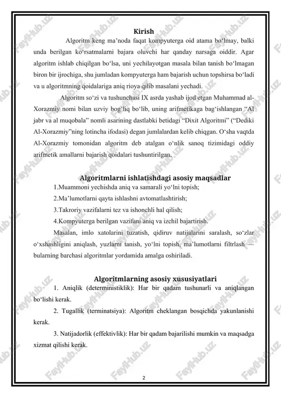 ompyuterga berilgan vazifani aniq va izchil bajartirish. masalan, imlo xatolarini tuzatish, qidiruv natijalarini saralash, so‘zlar o‘xshashligini aniqlash, yuzlarni tanish, yo‘lni topish, ma’lumotlarni filtrlash — bularning barchasi algoritmlar yordamida amalga oshiriladi. algoritmlarning asosiy xususiyatlari 1. aniqlik (deterministiklik): har bir qadam tushunarli va aniqlangan bo‘lishi kerak. 2. tugallik (terminatsiya): algoritm cheklangan bosqichda yakunlanishi kerak. 3. natijadorlik (effektivlik): har bir qadam bajarilishi mumkin va maqsadga xizmat qilishi kerak. 4. kirish va chiqish: algoritm biror kirish (input) ma’lumotiga ega bo‘ladi va yakunda chiqish (output) hosil qiladi. algoritmlar odatda quyidagi shakllarda ifodalanadi: 1.so‘z bilan (matnli); 2.blok-sxema (grafik); 3.psevdokod (yarim dastur ko‘rinishida); 4.dasturlash tili (python, c++, java va boshqalar orqali). algoritmlar bugungi raqamli texnologiyalar davrida inson ishini avtomatlashtirishda hal qiluvchi rol o‘ynaydi. har qanday muammoni algoritmga aylantira olish — zamonaviy muhandis va dasturchilar uchun muhim ko‘nikmadir. shu jumladan, noto‘g‘ri yozilgan so‘zlarni aniqlash va ularni tuzatish ham maxsus algoritmlar yordamida hal etiladi. masalan, jaro-winkler algoritmi ana shunday …
