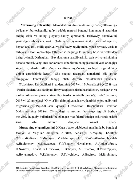 yev 1 , 50-60-yillardan boshlab a.hayitmetov, m.shayxzoda, y.is’hoqov, n.mallayev, a.abdug‘afurov, o.nosirov, h.zarif, r.orzibekov, t.boboyev, a.rustamov, b.valixo‘jayev, a.hojiahmedov, v.rahmonov, u.to‘ychiyev, a.bagirov, m.ibrohimov, j.kamol, s.g‘aniyeva, n.shukurov, e.ahmadxo‘jayev, s.hasanov, i.haqqulov, b.sarimsoqov, j.jo‘rayev va boshqalar tomonidan amalga oshirildi kurs ishining maqsadi. xx asr o‘zbek she’rshunosligida kichik mumtoz lirik janrlar (ruboiy, tuyuq, qit’a) hamda zamonaviy adabiyotimizda ko‘zga tashlanayotgan individual janrlarning tadqiq etilish tamoyillarini aniqlash, bu borada yuzaga kelgan muammoli masalalarga oydinlik kiritish, mavjud nazariy chalkashliklarni asoslash kabilar ushbu kurs ishining maqsadi hisoblanadi. kurs ishining vazifasiga quyidagilar kiradi: - adabiyotshunoslikda “janr” deb ataluvchi terminni izohlash, janrning tavsiflanishi, turlarga ajratilishi borasidagi o‘zbek hamda jahon adabiyotshunosligida bildirilgan fikrlarni keltirib o‘tish; - lirika hamda lirik janrlar borasida qisqacha nazariy ma’lumotlarni bayon qilish; - o‘zbek mumtoz adabiyotida salmoqli o‘rin egallaydigan kichik lirik janrlar, xususan, ruboiy, tuyuq, qit’a, fard, muammo kabilar bo‘yicha batafsil ma’lumot berish, misollar yordamida mohiyatini yoritish; - zamonaviy o‘zbek adabiyotida uchraydigan, ammo ko‘pchilik adabiyotshunos olimlar tomonidan kichik lirik …