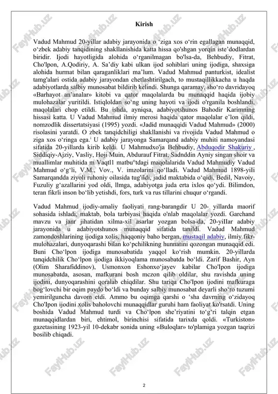 uf fitrat, sadnddin ayniy singan shoir va muallimlar muhitida m vaqtl1 matbu°tdagi maqolalarida vadud mahmudiy vadud mahmud o‘g‘li, v.m., vov., v. imzolarini qo‘lladi. vadud mahmud 1898-yiii samarqandda ziyoli ruhoniy oilasida tug'ildi, jadid maktabida o‘qidi, bedil, navoiy, fuzuliy g‘azallarini yod oldi, llmga, adabiyotga juda erta ixlos qo‘ydi. bilimdon, teran fikrli inson bo‘lib yetishdi, fors, turk va rus tillarini chuqur o‘rgandi. [1: xulosa garchi v. mahmud ilmiy maqolalarining tili eskicha kitoblardan ta’lim olib, yangi zamonga moslashayotgan xx asr boshlaridagi avlod va ilmiy hayot uchun tabiiy bo‘lsa-da, fors va arab tillaridan ancha-muncha uzoqlashib qolgan keyingi avlodga erish tuyulishi, ba’zan matnda jumlalarning bir oz cho‘zilishi, sinonimtalab o‘rinlarda bir xil so‘z yoki iboralarning takrorlanib kelishi fikrni siyqalashtirgandek holatni, stilistik g‘alizlikni yuzaga keltirishi mumkin. lekin tildagi bunday xususiyatga tarixan yondoshmoq va yangicha ilmiy uslub shakllanayotgan jarayondagi qiyinchiliklar sifatida qarash to‘g‘ri bo‘ladi. v. mahmud 20-yillarda har bir zamonaviy va tarixiy voqelikka millatning madaniy darajasi, o‘ziga xos milliy …
