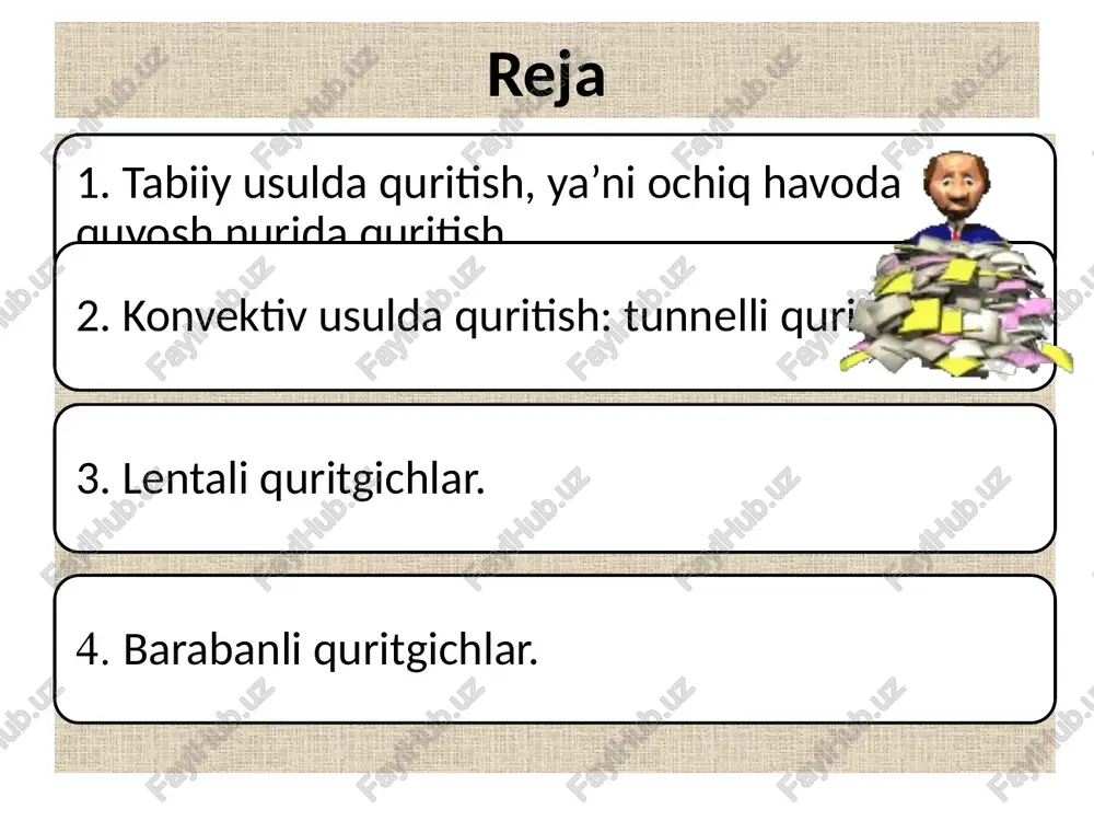 aynoq suvga botirib olingandan keyin uzum po‘stida mayda-mayda yoriqlar paydo bo‘ladi, ustidagi g‘ubori ketadi. bu esa uzumning qurish muddatini 3-4 baravar qisqartiradi hamda mahsulot sifati yaxshilanib, mayiz chiqish miqdori ham birmuncha ko‘payadi. konvektiv usulda quritish: tunnelli quritgichlar meva va sabzavotlarni bu usulda suvsizlantirish keng tarqalgan. quritish agenti sifatida asosan issiq havodan foydalaniladi. hozirgi vaqtda ilgari qo‘llanilgan olov bilan qizdirib quritadigan davriy shkafli, karuselli, kanalli quritgichlar o‘rnini uzluksiz ishlaydigan qurilmalar egallamoqda. bu quritgichlar kameradan iborat bo‘lib, kamera ichida bir-biriga qarama-qarshi harakat qiladigan bir xil uzunlikdagi lentadan tashkil topgan ko‘p qavatli to‘rli konveyyer joylashgan. meva va sabzavotlarni quritish uchun kerak bo‘lgan havoni bug‘ kaloriferlari yordamida isitish amalga oshiriladi, bu kaloriferlar har bir lentaning ishchi va bo‘sh oraliqlariga joylashtiriladi. ajralgan nam havo esa suruvchi ventilyator yordamida chiqarib yuboriladi. konveyyer tipidagi bug‘ quritgichlaridan eng samaradolari - spk-4g-90, ksa-80, kam quvvatli - spk-4g-45, spk-4g-30, spk-4g-15 va pks-40, pks-20, pks-10. ob'ektom sistemnogo analiza kak nauki yavlyaetsya …