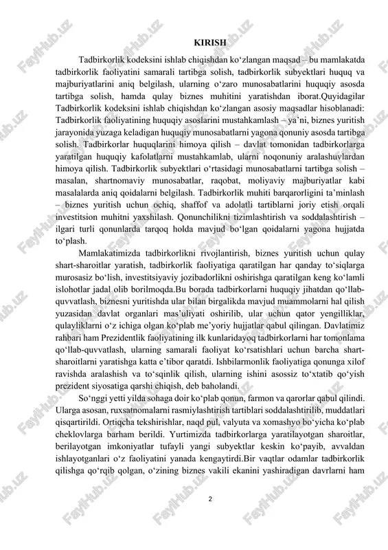 timizda tadbirkorlikni rivojlantirish, biznes yuritish uchun qulay shart-sharoitlar yaratish, tadbirkorlik faoliyatiga qaratilgan har qanday to‘siqlarga murosasiz bo‘lish, investitsiyaviy jozibadorlikni oshirishga qaratilgan keng ko‘lamli islohotlar jadal olib borilmoqda.bu borada tadbirkorlarni huquqiy jihatdan qo‘llab-quvvatlash, biznesni yuritishda ular bilan birgalikda mavjud muammolarni hal qilish yuzasidan davlat organlari mas’uliyati oshirilib, ular uchun qator yengilliklar, qulayliklarni o‘z ichiga olgan ko‘plab me’yoriy hujjatlar qabul qilingan. davlatimiz rahbari ham prezidentlik faoliyatining ilk kunlaridayoq tadbirkorlarni har tomonlama qo‘llab-quvvatlash, ularning samarali faoliyat ko‘rsatishlari uchun barcha shart-sharoitlarni yaratishga katta e’tibor qaratdi. ishbilarmonlik faoliyatiga qonunga xilof ravishda aralashish va to‘sqinlik qilish, ularning ishini asossiz to‘xtatib qo‘yish prezident siyosatiga qarshi chiqish, deb baholandi. so‘nggi yetti yilda sohaga doir ko‘plab qonun, farmon va qarorlar qabul qilindi. ularga asosan, ruxsatnomalarni rasmiylashtirish tartiblari soddalashtirilib, muddatlari qisqartirildi. ortiqcha tekshirishlar, naqd pul, valyuta va xomashyo bo‘yicha ko‘plab cheklovlarga barham berildi. yurtimizda tadbirkorlarga yaratilayotgan sharoitlar, berilayotgan imkoniyatlar tufayli yangi subyektlar keskin ko‘payib, avvaldan ishlayotganlari o‘z faoliyatini yanada kengaytirdi.bir …