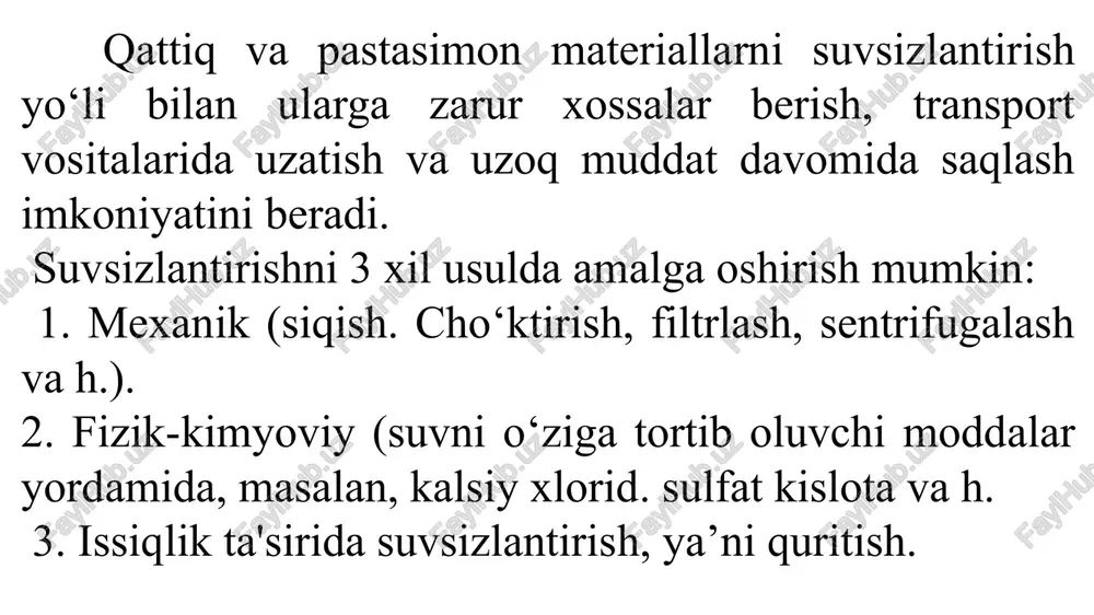 almashinish jarayonlarining bir-biri bilan uzviy bog‘langan jarayonlar majmuasidir. qattiq, nam materialga issiqlik ta’sir etish usuliga qarab quritish quyidagi turlarga bo‘linadi: 1) konvektiv quritish - bunda nam material bilan qurituvchi eltkich bevosita o‘zaro ta’sirda bo‘ladi. odatda. qurituvchi eltkich sifatida qizdirilgan havo yoki tutun gazlari ishlatiladi; 2) kontaktli quritish - issiqlik tashuvchi eltkich va nam material orasida ajratuvchi devor bo‘ladi. materialga issiqlik shu devor orqali uzatiladi; 3) radiatsion quritish - nam materialga issiqiik infraqizil nurlar orqali uzatiladi; 4) dielektrik quritish - nam materialga issiqlik yuqori chastotali tok maydonida quritiladi; 5) sublimatsion quritish - nam material muzlagan holatda, yuqori vakuum ostida quritiladi. shuni alohida ta’kidlash kerakki, istalgan quritish usulida quritilayotgan nam material ko‘pchilik hollarda issiq havo bilan o‘zaro ta’sirda bo‘adi. konvektiv quritish sanoat texnologiyalarida juda ko‘p ishlatiladi. ushbu jarayonni amalga oshirish uchun nam materialga issiq havo ta’sirining ahamiyati katta. shuning uchun, nam havoning asosiy xossalarini bilish quritish jarayonini o‘rganish va hisoblash uchun zarur. …