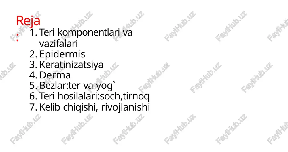 le) tikanaksimon qavat donador qavat (stratum granulosm) yaltiroq qavat (stratum lucidum) muguz qavat(stratum corneum) epidermisning eng chuqur qavat bazal keratinotsitlar va melanotsitlardan iborat hujayralari silindirsimon , kubsimon yadrosi oval,yirik hujayralari o`zaro desmasomalar yordamida birikadi keratinotsit va largergans hujayralari joylashgan hujayralar juda ko`p sitoplazmatik o`simtalar hosil qiladi o`simtalar o`zaro desmasoma hosil qilib birikadi hujayralarda keratin tanoﬁbrillasi ko`payadi va yadro atroﬁda to`planadi tikanaksimon keratinotsitlar donador qavat 3-4 qator duksimon hujayralardan iborat hujayrasida keratogialin granulalari mavjud va shu donadorlik beradi bu qavat hujayralari organellalari parchalanishni boshlagan keratogialin ﬁllogrin va trixogialin ooqsillardan iborat fillogrin->granula+kerotin+tanoﬁlament+parchalangan organella qoldiqlari=donadorlik hujayralararo aloqa desmasoma va lipidlar bilan hujayra yassi, 3-4qavat joylashgan yadro va organellalari yo`q fillogrin oqsili butun hujayrani qoplaydi fillogrin +keratin tanoﬁbrillalari=elaidin keratinosomalar hujayralararo bo`shliqqa lipidlar ajratadi. bu lipidlar quyidagi vazifalarni bajaradi hujayralarni o`zaro bog`lash gidrofoblik beradi mikroorganizmlardan to`siq prizma shaklida zich ,yassi yupqa terida 3-4 qavat, qalin terida 15-20 qavat bo`ladi fillogrin aminokislotalargacha parchalanadi, natijada hujayrlar yorqin …
