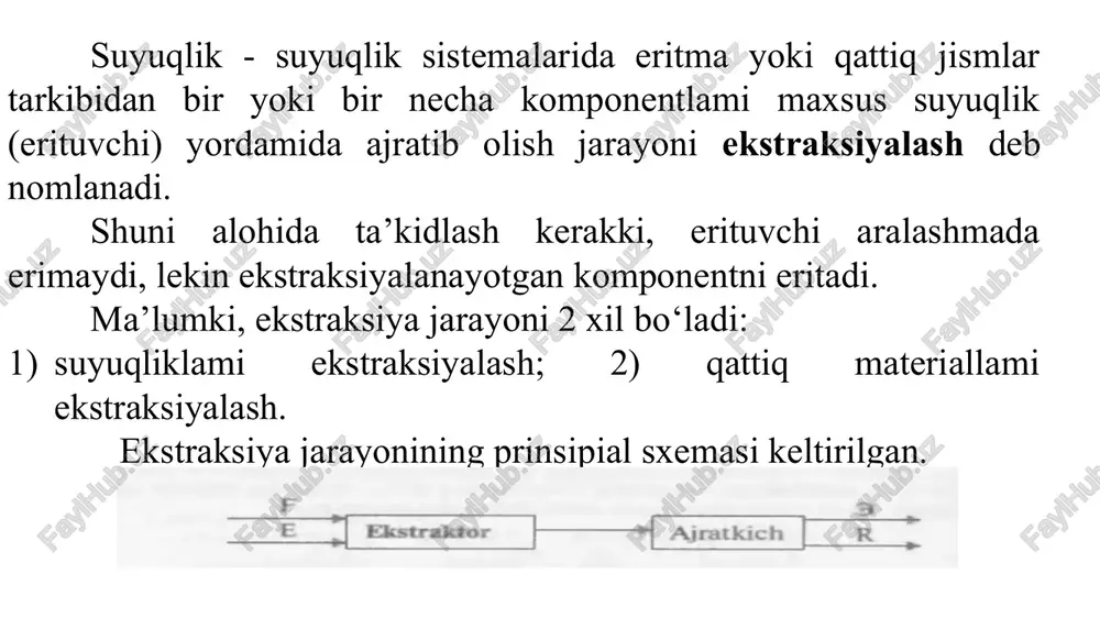 ekin ekstragentning zichligi, suyuq aralashma zichligidan yetarli darajada farq qilishi va kam bo‘lishi kerak. ekstraksiya jarayonidan kimyo, neftni qayta ishlash, neft kimyosi, oziq-ovqat, farmatsevtika va sanoatning boshqa sohalarida keng miqyosda foydalaniladi. bu jarayon xilma-xil organik va neft-kimyo sintez mahsulotlarini toza holda ajratib olish, nodir, kamyob va tarqoq elementlarni olish, oqava suvlarini tozalash va boshqa sohalarda ishlatiladi. jarayonning asosiy afzalligi shundaki, u past temperaturada o‘tadi va termolabil moddalari bor elementlami ajratish imkonini yaratadi. ekstraksiya jarayoni kamchiliklardan holi emas, ya’ni qo‘shimcha erituvchi ishlatiladi, erituvchini qayta tiklash texnologik sxemani murakkablashtiradi va qo‘shimcha qurilma talab etadi hamda jarayonni qimmatlashishiga olib keladi. ko‘pchilik hollarda ekstraksiya va rektifikatsiya jarayonlari ko‘pincha birgalikda qo‘llaniladi. bunga sabab, boshlang‘ich eritma konsentratsiyasi ortishi bilan rektifikatsiya jarayoniga zarur bo‘lgan issiqlik sarfi kamayadi. demak, avval ekstraksiya jarayonining o‘tkazilishi, boshlang‘ich eritmani ajratish uchun sarflanadigan issiqlikni tejashga olib keladi. ekstraksiya jarayonida massa o‘tkazish ekstraksiya jarayonining kinetik qonunlari massa o‘tkazishning asosiy qonunlari bilan belgilanadi. fazalar to’qnashish …