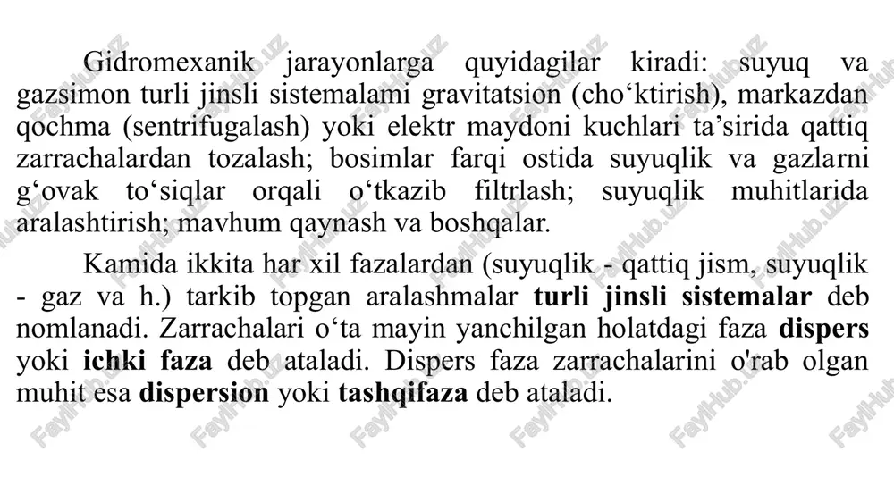 li jinsli sistemalarni g'ovaksimon to‘siq - filtr yordamida ajratish jarayonidir. bunda, g‘ovaksimon to‘siq suyuqlik yoki gazni o‘tkazib yuboradi, ammo muhitdagi qattiq zarrachalarni ushlab qoladi. suspenziya, emulsiya va changlari ajratish uchun cho‘ktirish jarayoniga qaraganda filtrlash ancha samarali. sentrifugalash - suspenziya va emulsiyalarni markazdan qochma kuch ta’sirida ajratish jarayonidir. bu jarayonda yaxlit yoki g‘ovaksimon to‘siqlar ham ishlatiladi. sentrifugalash jarayonida cho'kma va suyuq faza (fugat) hosil bo‘ladi. suyuqlik yordamida ajratish usuli deb - gaz tarkibidagi qattiq zarrachalarni birorta suyuqlik ishtirokida ushlab qolish jarayoniga aytiladi. bu jarayon og‘irlik yoki inersiya kuchlari ta’sirida olib boriladi va gazlami tozalash uchun ishlatiladi. ba’zan, bu usuldan suspenziyalarni ajratishda ham foydalanish mumkin. suspenziya konsentratsiyasi va zarrachalar shaklining cho'kish tezligiga ta’siri yuqorida qayd etilgandek, suyuq muhitda qattiq jism harakati paytida uning shakli cho‘kish tezligiga salmoqli ta'sir etadi. og'irlik kuchi ta’siridagi cho'kish jarayonida ushbu ta’sir shakl koeffitsiyenti f orqali hisobga olinadi. shar shaklidagi jismlar uchun f = 1. odatda, shar shaklida …