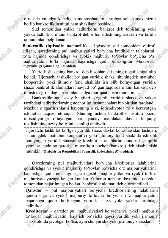 yektlar o‘rtasida vujudga keladigan munosabatlarni tartibga solish mexanizmi bo‘lib bankrotlik instituti ham shakllana boshladi. sud tomonidan yakka tadbirkorni bankrot deb topishning yoki yakka tadbirkor o‘zini bankrot deb e’lon qilishining asoslari va tartibi qonun bilan belgilanadi. bankrotlik (iqtisodiy nochorlik) – iqtisodiy sud tomonidan e’tirof etilgan, qarzdorning pul majburiyatlari bo‘yicha kreditorlar talablarini to‘la hajmda qondirishga va (yoki) majburiy to‘lovlar bo‘yicha o‘z majburiyatini to‘la hajmda bajarishga qodir emasligidir (“bankrotlik to‘g‘risida”gi qonunning 3-moddasi). yuridik shaxsning bankrot deb hisoblanishi uning tugatilishiga olib keladi. tijoratchi tashkilot bo‘lgan yuridik shaxs, shuningdek matlubot kooperativi yoki ijtimoiy fond shaklida ish olib borayotgan yuridik shaxs bankrotlik alomatlari mavjud bo‘lgan taqdirda o‘zini bankrot deb topish to‘g‘risidagi ariza bilan sudga murojaat etishi mumkin. bankrotlikning asosiy belgilari o‘zgardi, yuridik shaxs va yakka tartibdagi tadbirkorlarning nochorligi tushunchalari bir-biridan farqlandi. mazkur o‘zgartirishlarni hayotning o‘zi, iqtisodiyotda ro‘y berayotgan islohotlar taqozo etmoqda. shuning uchun bankrotlik instituti bozor iqtisodiyotiga o‘tayotgan har qanday mamlakat davlat huquqiy tuzilishining uzviy bo‘g‘ini …