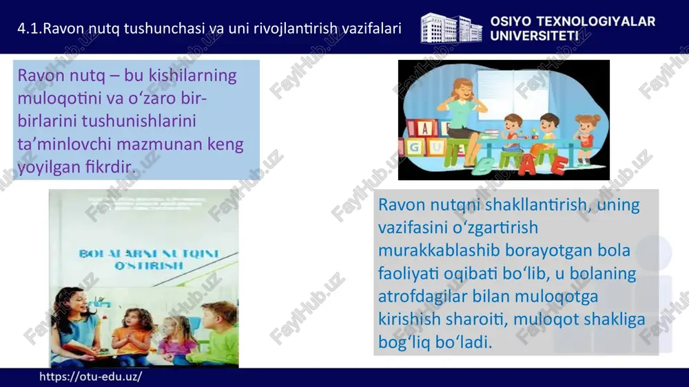 tabgacha ta’lim tashkilotlarida bolalarni ravon nutqqa o‘rgatish ta’lim tashkilotlarida o‘qitish ikki shaklda amalga oshiriladi: a) erkin nutqiy muloqotga; b) maxsus mashg‘ulotlarda; dialog ko’proq erkin nutqiy muloqotga paydo bo’ladi va u bolalar lug’atini boyitishning talaffuzga oid grammatik ko’nikmalarini tabiiy ravishda rivojlantirish bazasi hisoblanadi. dialog maxsus mashg’ulotlarda o’qitiladi. oyiga 1-2ta mashg’ulot; 4.2.maktabgacha ta’lim tashkilotlarida bolalarni ravon nutqqa o‘rgatish. dialog ko‘proq erkin nutqiy muloqotda paydo bo‘ladi va u bolalar lug‘atini boyitishning talaffuzga oid grammatik ko‘nikmalarini tabiiy ravishda rivojlantirish bazasi, ravon nutq ko‘nikmalariga ega bo‘lish bazasi hisoblanadi. 4.2.maktabgacha ta’lim tashkilotlarida bolalarni ravon nutqqa o‘rgatish dialogik ravon nutqni rivojlantirishga doir maxsus mashg‘ulotlar suhbat metodi (suhbat) va imitatsiya metodi asosida o‘tkaziladi. mazkur metodlar ko‘pincha quyidagi usullar yordamida amalga oshiriladi: tayyorgarlik,suhbat(so’zlashuv) usullari: (imitatsiya,qayta aytib berish) 4.2.maktabgacha ta’lim tashkilotlarida bolalarni ravon nutqqa o‘rgatish suhbat jarayonida tarbiyachi savollar, topishmoqlar, badiiy so‘z kabi turli usullardan foydalanadi. bu usullarning barchasi suhbat paytida bilimlarni o‘zlashtirish jarayonini yo‘naltirish, nutqiy muloqotni ta’minlashga imkon beradi. …