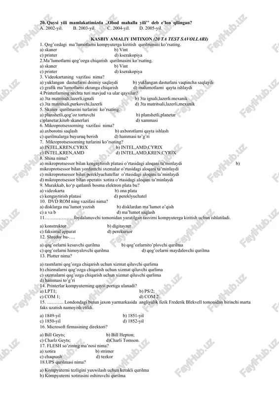 turkiston markaziy ijroiya qo‘mitasi. a. 1,2,3. b. 1,3,5. c. 2, 4, 6. d. 2, 3, 6. 10. sssrning parchalanishi nimaga barham berdi? a.natoga. b.“sovuq urushga”. c.mokga. d.to‘g‘ri javob yo‘q. 11.butunrossiya musulmon​lari i qurultoyi qachon bo'lib o'tdi? a. 1917-yil 5-9-iyulda. b. 1917-yil 10-15-mayda. c. 1917-yil 1-2-mayda. d. 1917-yil 7-8-sentabrda. 12. moskvada sobiq sssr vise-prezidenti g.yanayev boshchiligida davlat to‘ntarishi qilishga urinish qaysi vaqtda bo‘lib o‘tdi? a. 1988 yil 15-17 may. b. 1989 yil 5-8 dekabr. c. 1990 yil 20-24 iyul. e. 1991 yil 19-21 avgust. 13. sizga ma’lumki, jahonda inson huquqlari sohasida 70 ta standart qabul qilingan. bu hujjatlarda hukmatning o‘z fuqarolari oldidagi majburiyatlari belgilab berilgan. o‘zbekiston shu standarlardan nechtasiga qo‘shilgan? a. 17 tasiga. b. 20 tasiga. c. 23 tasiga. d. 25 ta siga. 14. o‘zbekistonda inson huquqlari bo‘yicha milliy markaz qachon tashkil etildi? a. 1996 yil oktabrda. b. 1997 yil mayda. c. 1997 yil dekabrda. d. 1999 yil iyulda. 15. “xxi …