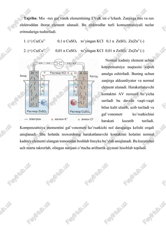 acha arifmetik qiymati hisoblab topiladi. nazorat savollari va vazifalari: 1. elektr tokining kimyoviy manbaisi qanday elektrokimyoviy sistema hisoblanadi? 2. galvanik elementlar tayyorlashda ishlatiladigan metallar qaysi? image1.png image2.png image3.png image4.png