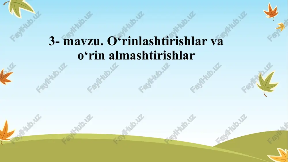 , {a; b; c} ni tartiblasak: (a; b; c), (a; c; b), (b; a;c), (b; c; a), (c; a; b), (c; b; a) tartiblangan uchliklarga ega bo’lamiz, tartiblanishlar soni 3! = 6 marta ko’p. bu bog’lanishdan foydalanib, guruhlashlar sonini topish formulasini keltirib chiqarish mumkin. 9 predmeti zanyatiy 10 predmeti zanyatiy 11 predmeti zanyatiy 12 predmeti zanyatiy 13 chekli to‘plamlarning to‘plam ostilari soni 2 elementli to‘plamning hammasi bo‘lib nechta qism to‘plami bor degan savolga javob beraylik. ular 1 ta bo‘sh, 2 ta 1 elementli va 1 ta 2 elementli, ya’ni to‘plamning o‘zidan iborat bo‘lgan qism to‘plamlardir. jami: 1+2+1=4. demak, 2 elementli to‘plamning hammasi bo‘lib 4 ta qism to‘plami bor ekan 14 quvvati n ga teng bo’lgan a to’plamning to’plam ostilari soni 0 elementli, 1 elementli, 2 elementli, 3 elementli, …, n elementli toplam ostilari sonining yig’indisidan iborat bo’ladi. 15 masalan: 4 elementli a={a,b,c,d} to‘plamning nechta 3 elementli qism to‘plami bor? {a, …