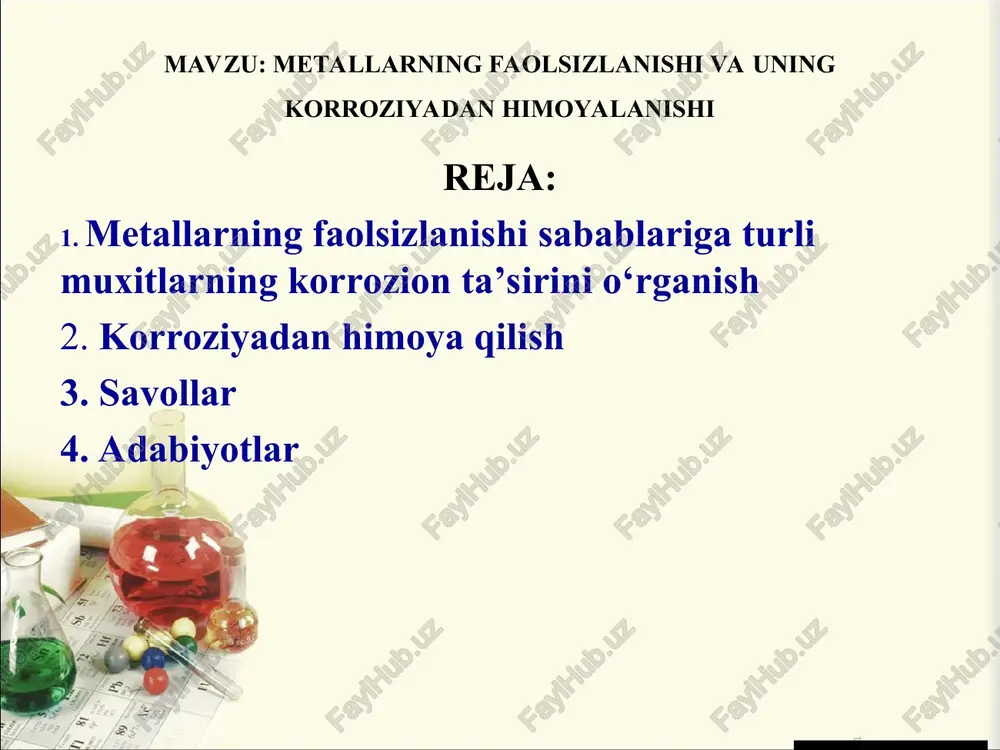 bo‘lib hisoblanadi. suvli va kislotali muxitlarda korroziyalanish jarayoni kolotirkin-florianovichlar tomonidan izohlangan qo‘yidagi mexanizm bo‘yicha amalga oshadi: fe + n h2o → fe(oh)ads. + h+ + e- (5) fe(oh)ads → fe(oh)+. + e-- (6) feoh+ + h+→ fe2+ + h2o-- (7) fe(oh)ads + h2o → [fe(oh)2]ads + h+ + e--- (8) [fe(oh)2]ads. + h+ → feoh+ + h2o-- (9) fe2+ - e- → fe3+-- (10) metallarning faolsizlanishi sabablariga turli muxitlarning korrozion ta’sirini o‘rganish metallarning faolsizlanishi yoki pasivlanishi 1- rasm va 2-rasm metallning anodli va katodli jarayonlari kimyoviy korroziya va elektrokimyoviy korroziya kimyoviy korroziya quruq gazlar va yog'lar, benzin, kerosin va boshqalarning eritmalari metallga ta'sir qilganda paydo bo'ladi. metal kimyoviy korroziyasining misoli uning yuqori haroratlarda oksidlanishidir; elektrokimyoviy korroziya metallga kislotalar va ishqorlar eritmalari ta'sirida yuz beradi. bunday holda, metall o'z ionlarini elektrolitga beradi. kislota va ishqorlar po'lat uchun zararli, uni eritib yuboradi. havodagi karbonat angidrid yoki oltingugurtli gaz korroziyani kuchaytiradi, chunki namlanganda …