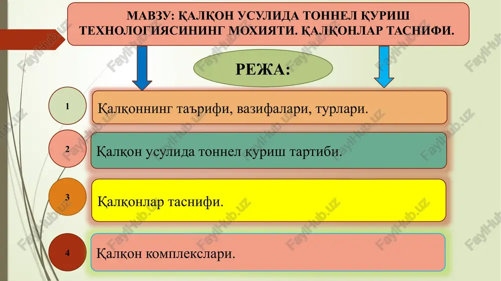 lari 4 himoyasida yig'ma qismlardan yoki yaxlit-presslangan betondan qoplama qurish va bir yo'la keyingi o'tish uzunligiga grunt qazish. 1-pichoq halqasi; 2-tayanch halqasi; 3-dum qismi; 4-pardevorlar; 5-qalqon domkratlari; shunday qilib, qalqonning asosiy qismlari quyidagilardan iborat: qalqon konstruktsiyasi mustahkam va buzilmas, qoplama kesimi shaklining geometrik o'zgarmasligini ta'minlovchi, o'ziyurar va engil boshqariladigan bo'lishi kerak. kalqon konstruktsiyasi, unda o'tish mashinalarini joylashtirish va mahkamlash (mexanik asboblar bilan qazish mumkin bo'lgan yumshoq gruntlarda), portlatish ishlarini bajarish (kattiq qoyatosh tog' jisnlarini qazishda) imkonini yaratmog'i zarur. qalqon usulida er osti metrosi qurulishi qalqon usulida aylana ko'rinishidagi qoplamasini qurush. 17 -qazish va gruntni yig'ishtirish usullari bo'yicha: mexanizatsiyalashti-rilmagan, mexanizatsiyalashtirilgan va qisman mexanizatsiyalashtirilgan; -ko'ndalang kesimining shakli bo'yicha: aylana, to'g'riburchakli, trapetsiodal, ravoqsimon, yassi, murakkab ko'rinishlarda; -o'lchovlari bo'yicha: kichik qalqonlar - diametrlari 3,5 metrgacha, o'rtacha qalqonlar - 3,5 m. dan 6,5 m. gacha, katta qalqonlar - 6,5 m. dan ortiq. qalqonlar quyidagicha guruhlanadi: 1 2 3 mexanizatsiyalashtirilgan qalqonlar quyidagicha tasniflanishi mumkin: mexanizatsiyalashtirilgan qalqonlar …