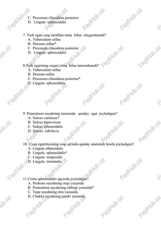 b. concha sphenoidalis* c. rostrum sphenoidale d. dorsum sphenoidale 13.ponasimon suyakning qaysi qismi burun bóshliǵi bilan chegaralanadi? a. concha sphenoidalis b. aperture sinus sphenoidalis* c. sinus frontalis d. crista sphenoidalis 14.ponasimon suyakning yon yuzasi nimaga davom etadi? a. yuqori va pastki qanotlarga b. oldingi va orqa qanotlarga c. katta va kichik qanotlarga* d. oraliq va órta qanotlarga 15.ponasimon suyakning kichik qanotinda nima joylashgan? a. canalis opticus* b. canalis acustica c. margo frontalis d. foramen ovale 16.kichik qanotlarning oldingi qiri qaysi suyak bilan birikgan? a. peshona suyagining burun qismi b. peshona suyagining kóz qismi* c. chakka suyagi yuqori qismi d. tepa suyagi orqa qismi 17.kichik qanotning medial qismi nimani hosil qiladi? a. processus clinoideus posterior b. processus clionoideus anterior* c. processus clinoideus superior d. processus clinoideus inferior 18.kichik qanot va katta qanot orasida nima joylashgan? a. fissura orbitalis superior* b. fissura orbitalis inferior c. fissura orbitalis anterior d. fissura orbitalis posterior …