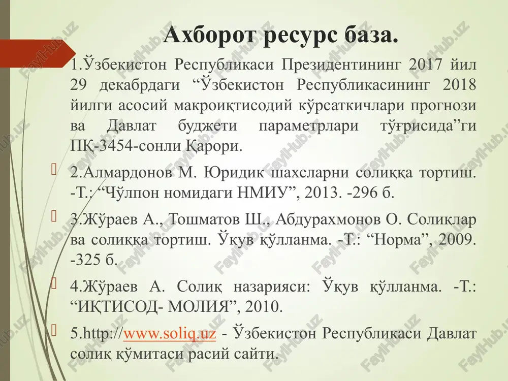oriy qilingan. uning qo'shilgan qiymat solig'idan farqli tomoni shundaki, u ayrim tovarlar va mahsulotlarni chegaralab olgan va u bajarilgan ish, ko'rsatilgan xizmatlarga nisbatan qo'llanilmaydi. aktsiz solig'i individual xarakterga ega bo'lib, faqat aktsiz osti tovarlarga nisbatan qo'llaniladi. aksiz solig‘ining iqtisodiy mohiyati va byudjet daromadlarida tutgan o’rni 2019 yil yanvardan boshlab soliq kodeksiga kiritilgan o‘zgartishlarga muvofiq, benzin, dizel yoqilg‘isi va gaz ishlatganlik uchun olinadigan soliq bekor qilindi. bunda benzin, dizel yoqilg‘isi va gaz ishlatganlik uchun olinadigan soliq aktsiz solig‘i ob’ektiga kiritildi. * aksiz solig‘ining iqtisodiy mohiyati va byudjet daromadlarida tutgan o’rni * qarorga asosan “o'zgm avto” aktsionerlik jamiyatining ishlab chiqarayotgan avtomobillari, billurdan qilingan mahsulotlar, mebel, video va audioapparatura hamda kumushdan yasalgan byumlarga aktsiz soliqlari ishlab chiqarishkorxonalarning o'z ixtiyorlarida qoldiriladigan bo'ldi. o'z res vmning 2002 yil 13 noyabrdagi 390-son “bozorni iste'mol tovarlari bilan to'ldirishni rag'batlantirish hamda ishlab chiqaruvchilar va savdo tashkilotlarini o'zaro munosabatlarini takomillashtirish chora-tadbirlari to'g'risida”gi qarori qabul qilingan. aktsiz solig'ining vazifalari aktsiz …