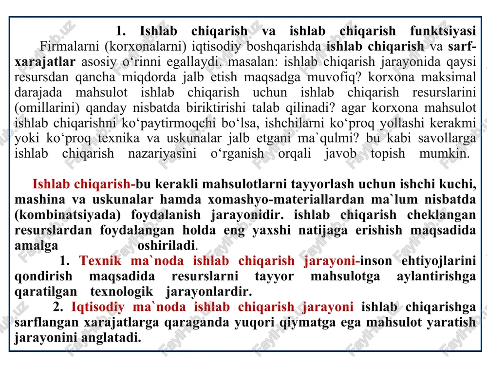 rga ajratish mumkin: . 1. yer. 2. kapital. 3. materiallar (xomashyo va butlovchi qismlar). 4. ishchi kuchi. 5. tadbirkorlik qobiliyati. 6. axborot. 1. “yer” kategoriyasiga ishlab chiqarishga jalb etiladigan barcha tabiiy resurslar, ya`ni tabiat in`om etgan er va erosti boyliklari kiradi. bu kategoriyaga ekin maydonlari va yaylovlar, o‘rmonlar, er osti tabiiy qazilma boyliklari, suv resurslari va boshqalar ham kiradi. er kapital xomashyo ishchi kuchi tadbirkor axborot ishlab chiqarish omillari * 2. “kapital” yoki “investitsion resurslar” barcha ishlab chiqarilgan ishlab chiqarish vositalarini, ya`ni bino-inshootlar, asbob-uskunalar, mashina va texnika vositalari, fabrika va zavodlar, uzatuvchi qurilmalar, kompyuter va axbort-kommunikatsiya vositalari va boshqa uzoq muddat xizmat qiladigan asosiy vositalarni qamrab oladi. 3. xomashyo materiallari kapitaldan ishlab chiqarish jarayonida ishtirok etish davomiyligiga qarab farq qiladi. ular ishlab chiqarish jarayonida faqat bir marta ishtirok etib, yangidan yaratilayotgan mahsulot tarkibiga kiradi va o‘zining qiymatini unga to‘liq ko‘chiradi. 4. “ishchi kuchi” termini insonning tovarlar va xizmatlar yaratish jarayonida …