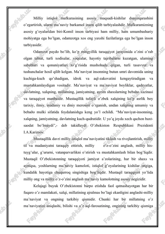 aqil taraqqiyot yo’lida milliy ong va milliy o’z-o’zini anglash ma’naviy kamolotning asosiy negizidir. kelajagi buyuk o’zbekistonni barpo etishda faol qatnashayotgan har bir fuqaro o’z mamlakati, xalqi, millatining ajralmas bo’lagi ekanligini anglashi-milliy ma’naviyat va ongning tarkibiy qismidir. chunki har bir millatning o’z ma’naviyatini aniqlashi, bilishi va o’z aql-farosatining, ongining tarkibiy qismiga aylantirishi millatni mustahkamlaydi, uning o’ziga bo’lgan e’tiqod va qadr hissini boyitadi. ma’navitimizning o’zbekistonning porloq keljagiga dadil ishonch bilan yuksalib borayotganligini, xalqimizda yuksak insonparvarlik qadryatlari tiklanayotganligi va takomillashayotganligini ifodalovchi o’ziga xos dunyoqarashdir. ma’naviyat sohasida mustaqil o’zbekiston oldida muhim vazifalar turibdi. ulardan asosiysi ma’naviyatimizni boyitish va mustahkamlashdir. ma’naviyat istibdod yillarida har jihatdan kamsitildi. oqibatda, masalan, o’zbek xalqi tasavvur falsafasini va uning mashhur namoyondalarini o’rganishdan maxrum edi. õuquq sohasida esa markaziy osiyo sivilizatsiyasining huquqshunoslik borasidagi buyuk xizmatlari inobatga olinmadi, axloqiy qarashlar va ijtimoiy falsafaga tegishli chuqur mazmunli asarlar bir tomonlama yoritildi. bularsiz mustaqil o’zbekistonning ma’naviyati kemtik, to’laqonli emasdir. ma’naviyatimizning bor kuchi, mazmunining chuqurligi …