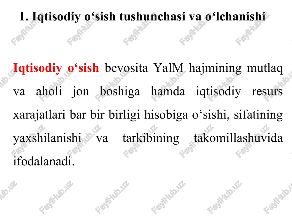 ort hajmining oʻsishi; -iqtisodiyotda ishlab chiqarish resurslarini qayta taqsimlash imkoniyatlari; -daromadlarni taqsimlashning shakllangan tizimi. * iqtisodiy oʻsish turlari ekstensiv va intensivga ajratiladi. agar oʻsish qoʻshimcha resurslarni jalb etish hisobiga ta'minlansa va jamiyatdagi resurslardan foydalanishning shakllangan oʻrtacha samaradorligi darajasini oshirmasa ekstensiv iqtisodiy oʻsish deb ataladi. iqtisodiy oʻsishning intensiv tipi ishlab chiqarish samaradorligining oshishiga bogʻliq. u foydalanilayotgan resurs birligiga toʻgʻri keladigan mahsulot ishlab chiqarishni koʻpaytirishni, ishlab chiqarishning texnik xususiyatlarini yaxshilashni koʻzda tutadi. * iqtisodiy oʻsish turlari ekstensiv intensiv qoʻshimcha resurslarni jalb qilish h�isobiga amalga oshadi va jamiyatdagi oʻrtacha unumdorlikni oʻzgartirmaydi ishlab chiqarishning mukammalroq omillar va texnologiyaning qoʻllanilishi bilan bogʻ�liq, ya'ni resurslar unumdorligining oʻsishi �hisobiga amalga oshadi odatda iqtisodiy oʻsishga sabab boʻlgan omillarning ulushiga qarab bu iqtisodiy oʻsish asosan intensiv eki ekstensiv deyiladi * iqtisodiy oʻsish omillari ekstensiv intensiv kapital, meh�nat, yer, boshqa resurslar xarajatlarining oʻsishi texnologik taraqqiet, meh�nat unumdorligining oʻsishi, ishlab chiqarish koʻlamidan samarali foydalanish * iqtisodiy oʻsish omillari taklif tomonidan taqsimlash …