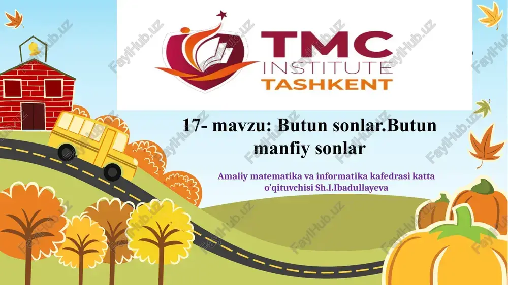 larni mos qo’yamiz, boshlang’ich nuqtadan chap tomonda bir, ikki, uch va h.k. birlik masofada joylashgan nuqtalarga -1, -2, -3 ... simvollari bilan belgilanadigan yangi sonlarni mos qo‘yamiz. bu sonlar butun manfiy sonlar deb ataladi. 8 sonlar belgilangan bu to‘g‘ri chiziq son o‘qi deb ataladi. o’qning strelka bilan ko‘rsatilgan yo‘nalishi musbat yo'nalish, qarama-qarshi yo‘nalishi esa manfiy yo‘nalish deb ataladi. natural sonlar son o‘qida boshlang’ich nuqtadan musbat yo'nalishda qo‘yiladi, shuning uchun ularni musbat butun sonlar deb ataladi. 9 nomanfiy butun sonlar to‘plami bilan butun manfiy sonlar to’plamining birlashmasi yangi sonli to‘plamni hosil qiladi, bu to‘plam butun sonlar to‘plami deb ataladi va z simvoli bilan belgilanadi va quyidagicha yoziladi: z = { ...- 4,-3 -2 ,-1 ,0 ,1 ,2 , 3, 4....} . 10 quyidagi chizma butun sonlar to‘plamining geometrik kolrinishini tashkil etadi. chizmadan ko‘rinadiki, har bir butun songa son o‘qida aniq nuqta mos keladi, lekin son o’qining har bir nuqtasiga ham butun …
