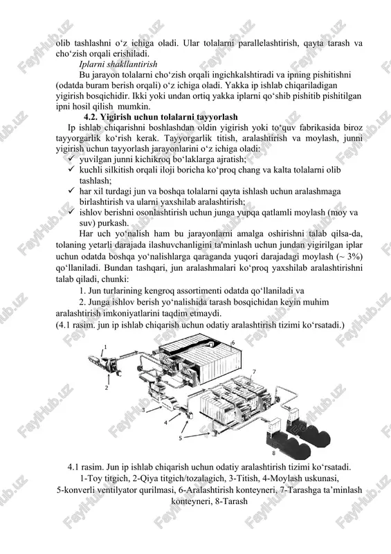 erishiladi. tarash piltasini yigirishga tayyorlash bu jarayon tolalarni tekislash (parallelizatsiya), to‘g‘rlash (ikki marta), kalta tolalar, neps, o‘simlik qoldiqlari va boshqa ifloslantiruvchi moddalarni ajratish va olib tashlashni o‘z ichiga oladi. ular tolalarni parallelashtirish, qayta tarash va cho‘zish orqali erishiladi. iplarni shakllantirish bu jarayon tolalarni cho‘zish orqali ingichkalshtiradi va ipning pishitishni (odatda buram berish orqali) o‘z ichiga oladi. yakka ip ishlab chiqariladigan yigirish bosqichidir. ikki yoki undan ortiq yakka iplarni qo‘shib pishitib pishitilgan ipni hosil qilish mumkin. 4.2. yigirish uchun tolalarni tayyorlash ip ishlab chiqarishni boshlashdan oldin yigirish yoki to‘quv fabrikasida biroz tayyorgarlik ko‘rish kerak. tayyorgarlik titish, aralashtirish va moylash, junni yigirish uchun tayyorlash jarayonlarini o‘z ichiga oladi: · yuvilgan junni kichikroq bo‘laklarga ajratish; · kuchli silkitish orqali iloji boricha ko‘proq chang va kalta tolalarni olib tashlash; · har xil turdagi jun va boshqa tolalarni qayta ishlash uchun aralashmaga birlashtirish va ularni yaxshilab aralashtirish; · ishlov berishni osonlashtirish uchun junga yupqa qatlamli …