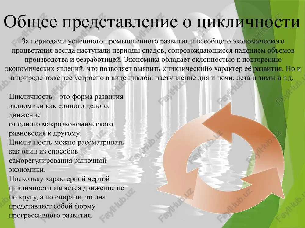 a. kajdiy tsikl imeet svoi osobennosti. spetsifika tsiklov ob'yasnyaetsya periodichnostyu obnovleniya kapitala, demograficheskimi protsessami, razvitiem selskogo xozyaystva. v klassicheskom tsikle isxodnoy i opredelyayushey fazoy vistupaet krizis. on yavlyaetsya vajneyshey predposilkoy postupatelnogo razvitiya ekonomiki posredstvom obnovleniya osnovnogo kapitala, snijeniya izderjek proizvodstva, uluchsheniya kachestva i povisheniya konkurentosposobnosti produktsii. osnovnie fazi ekonomicheskogo tsikla v ekonomicheskom tsikle videlyayut chetire fazi: krizis(retsessiya, spad), depressiya(stagnatsiya), ojivlenie pod'em(bum, pik). b) chetirexfaznaya model: 1 – faza krizisa; 2 – faza depressii; 3 – faza ojivleniya; 4 – faza pod'ema. a) dvuxfaznaya model: 1 – faza spada (sjatiya); 2 – faza pod'yoma (rasshireniya); osnovnie fazi ekonomicheskogo tsikla krizis (spad, retsessiya) xarakteriziruetsya padeniem delovoy aktivnosti. proisxodit: • rezkoe zamedlenie tempov rosta proizvodstva i zanyatosti; • padenie delovoy aktivnosti; • sokrashenie investitsiy; • zatovarivanie; • padenie doxodov; • rost protsentnix stavok po kreditam. depressiya (stagnatsiya) - nizshaya tochka spada, predstavlyaet fazu, v usloviyax kotoroy proisxodit prisposoblenie k novim usloviyam ravnovesiya. v …