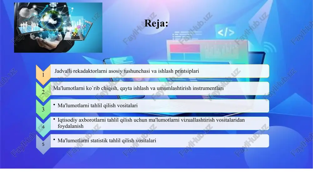 orlar kengligini o`zgartirishimiz mumkin. yacheyka o`z adresiga ega bo`lib, u ustun belgisi va qator nomeri bilan aniqlanadi. excel dasturini ishga tushirish ms exsel dasturi oynasi excel dasturi ishga tushirilganda ekranda word oynasiga o`xshash oyna ekranda paydo bo`ladi. oynaning eng yuqori satri «sarlavxa» satri deyilib, unda elektron jadvalning piktogramma belgisi, nomi va ish kitobi nomi (list microsoft excel - microsoft excel) keltiriladi: keyingi satr «bosh menyular» satri deyiladi va u word bosh menyusiga juda o`xshash. bu satrda joylashgan menyularning har biri o`z menyu osti buyruqlariga ega bo`lib, ular worddagi kabi ma'lum bir funktsiyalarni bajaradi. bosh menyular satri ostida instrumentlar panellari joylashgan. har bir instrument bosh menyular bo`yicha saralanib chiqilgan bo`lib, microsoft excel 2010 dasturidagi interfeys ishni tez bajarishda juda qulay. “sozdat” “sozdat” funksiyasi orqali biz yangi kitob yaratishimiz mumkin. buning uchun “fayl”-“sozdat”-“novaya kniga” buyruqlarini bajarib, “sozdat” tugmasini bosishimiz kerak bo`ladi. “pechat” “pechat” funksiyasi yordamida hujjatni qog`ozga printer orqali chiqarish mumkin. office …