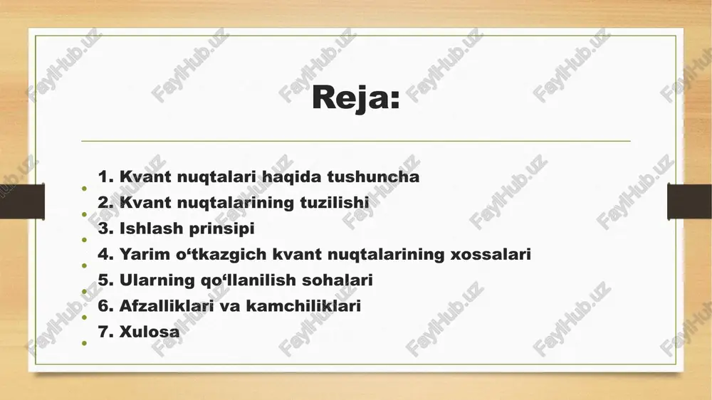 yalari — yuqori samaradorlik beradi. 🔹 kvant kompyuterlar: elektronlarning spin holati axborot birligi sifatida ishlatiladi (kvbit sifatida). afzalliklari ✅ rangni oson boshqarish (faqat zarracha o‘lchamini o‘zgartirib) ✅ energiya tejamkorligi yuqori ✅ barqaror yorug‘lik chiqarish ✅ yangi avlod nanoelektronika va tibbiyot uchun muhim material kamchiliklari ⚠️ ishlab chiqarish texnologiyasi murakkab ⚠️ ba’zilarida zaharli modda (masalan, kadmiy) mavjud ⚠️ uzoq muddatli barqarorlik muammosi bor xulosa kvant nuqtali yarim o‘tkazgichlar — nanoelektronika va optoelektronika sohalarida yangi bosqich bo‘lib, kelajak texnologiyalarining asosini tashkil etadi. kvant nuqtalari — bu nanotexnologiyaning eng istiqbolli yo‘nalishlaridan biri bo‘lib, ularning o‘lchami elektronlarning xatti-harakatini butunlay o‘zgartiradi. shu sababli ular elektronika, tibbiyot va energetika sohalarida inqilobiy ahamiyatga ega. image1.png image2.png image3.png image4.png /docprops/thumbnail.jpeg