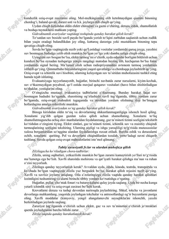 nsport hodisalari oldini olish chora-tadbirlari: rejaviy-profilaktik ko‘rik va texnik ta’mirlash ishlarining o‘z vaqtida o‘tkazilishi, texnik nosoz transport vositasidan foydalanmaslik, barcha turdagi yo‘l harakati qoidalariga rioya qilish, dan xodimlarining, haydovchilarning, qolaversa aholining birinchi tibbiy yordam ko‘rsatish bo‘yicha bilim va malakalarini oshirish, yo‘l tarmoqlarini me’yoriy talab darajasida saqlash, shaharlarda ko‘p sathli yo‘llardan, piyodalarning yer osti yo‘laklaridan samarali foydalanish va h.k. metropoliten bekatlaridagi va tunnellaridagi halokatlar, avariyalar, yong‘inlar oldini olish chora-tadbirlari: rejaviy-profilaktik ko‘rik va texnik ta’mirlash ishlarining o‘z vaqtida o‘tkazilishi, texnik nosoz transport vositasidan foydalanmaslik, metropolitenda mashinist tomonidan temir yo‘l harakati qoidalariga rioya qilish, tarmoq xodimlarining ish yuzasidan bilim-malakalarini oshirib borish. metro ichidagi telemoslamalarda muhofazalanish to‘g‘risidagi qisqa videolavhalar ko‘rsatib borish. magistral quvurlardagi avariyalar oldini olish chora-tadbirlari: texnik hujjatlarda ko‘rsatilgan me’yor talablari bo‘yicha rejaviy- profilaktik ko‘rik va texnik ta’mirlash ishlarining o‘z vaqtida o‘tkazilishi, barcha xavfsizlik choralariga, barcha xizmat muddati talablariga rioya qilish va h.k. gidrodinamik avariya xavfi bo‘lganda qanday harakat qilish kerak? halokatli suv …