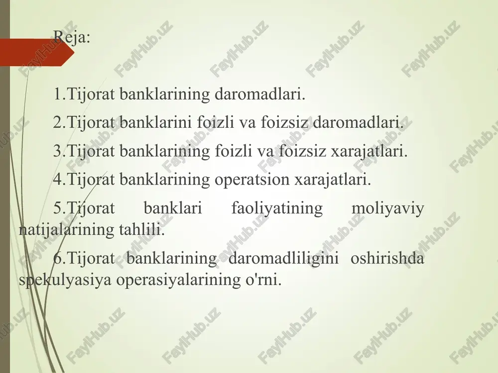 foiz daromadlari, qimmatli qog'ozlarni qayta realizasiya qilish asosida olinadigan daromadlar. kafolat va kafillik xizmatlari uchun olinadigan daromadlar kafolat va kafillik xizmatlari uchun olinadigan daromadlar – komission to'lovlari asosida tushadi – turli tushumlar shaklida. omonatlarni jalb qilish va mijozlar topshirig'ini bajarish asosida olinadigan daromadlar bu bank tijorati quyidagi shakllarda bo'lishi mumkin: komission mukofot to'lovlar; a) schyotlar ochish b) schyotlarni yuritish konkryet muddat uchun o'rnatilgan komission to'lovlar (masalan, 100 so'm bir oy uchun); pulni oborotdan olinadigan foiz komission mukofot (masalan, kassa xizmati uchun 1,5 %, to'lov 0,4%) a) qilingan opyeratsiyalar bo'yicha ko'chirmalar byerish; b) schyotlarni yopish. naqd tushumlarni berish yoki hisob – kitob bilan bog'liq operasiyalar uchun to'lovlar. noan'anaviy bank xizmatlari keltiradigan daromadlar: lizing operasiyalari – informasion xizmatlar; konsultativ xizmatlar – mijoz xizmat o'qitish va x.z. tijorat banklarining daromadlari bir necha xususiyatlariga ko'ra tavsiflanishi mumkin. 1) qabul qilingan buxgalteriya hisobi tizimi va standartlariga bog'liq ravishda (keyinchalik to'xtalamiz) 2) olingan daromadlar davriga nisbatan …
