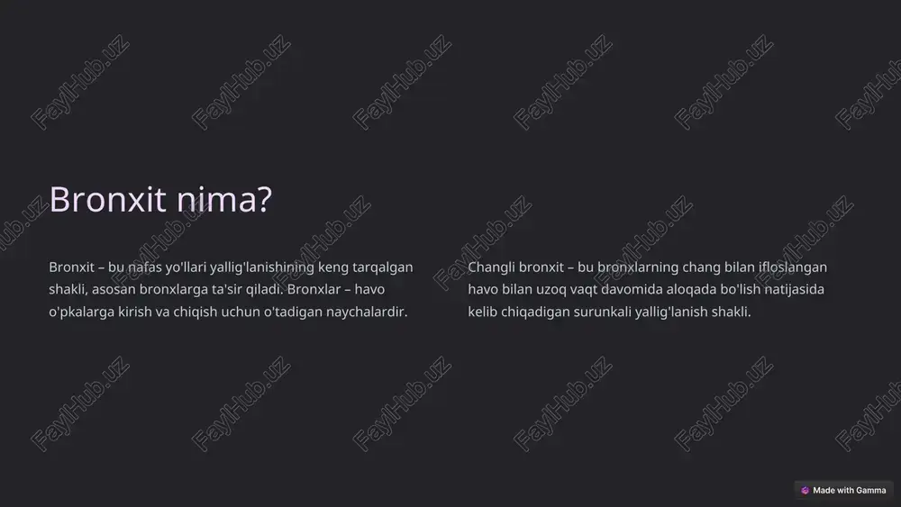 ardan foydalanish. changdan saqlanish. sigaret chekishni tashlash. * bronxitning oldini olish 1 changdan saqlanish maskadan foydalanish, changli muhitdan uzoqlashish. 2 sigaret chekishni tashlash sigaret chekish bronxit xavfini sezilarli darajada oshiradi. 3 sog'lom turmush tarzi to'g'ri ovqatlanish, muntazam jismoniy mashqlar qilish, etarli uyqu. * bronxitni boshqarish 1 dori-darmonlarni muntazam qabul qilish shifokor tavsiya qilgan dori-darmonlarni muntazam qabul qilish muhim. 2 hayot tarzini o'zgartirish changli muhitdan uzoqlashish, sigaret chekishni tashlash. 3 shifokor bilan muntazam tekshiruvlar bemorning ahvoli nazorat qilinishi va davolanish rejasiga tuzatish kiritilishi kerak. * xulosa va tavsiyalar changli bronxit – bu jiddiy holat bo'lishi mumkin, lekin erta tashxis qo'yish va davolanish bilan uni boshqarish va asoratlarni oldini olish mumkin. sog'lom turmush tarzi, changdan saqlanish, sigaret chekishni tashlash va shifokorning tavsiyalarini bajarish bronxit xavfini kamaytirishga yordam beradi. *
