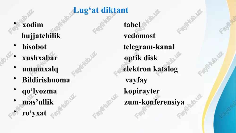 sida”gi 2020-yil 20-oktabrdagi pf-6084-son farmoni vazirlar mahkamasining 2021-yil 10-fevraldagi 61-son qarori lotin yozuviga asoslangan o‘zbek alifbosiga bosqichma-bosqich to‘liq o‘tishni ta’minlash chora-tadbirlari to‘g‘risida vazirlar mahkamasining 1995-yil 24-avgustdagi 339-son qaroriga ilova o‘zbek tilining asosiy imlo qoidalari 7 bo‘lim 82 banddan iborat i. harflar imlosi unlilar imlosi 1. a a harfi: 1) aka, alanga, aloqa, og‘a; sentabr, noyabr kabi so‘zlarda old qator keng unlini ifodalash uchun yoziladi; 2) bahor, zamon; savol, gavda; vasvasa kabi so‘zlarning oldingi bo‘g‘inida, vaqt, vahm kabi so‘zlarda a aytiladi va yoziladi 2. o o harfi: 1) ona, omon, quyosh, fido, baho, hola, lotin; mukofot, mahorat kabi so‘zlarda orqa qator keng unlini ifodalash uchun yoziladi. 2) boks, poyezd, tonna, talon; agronom, mikrofon; direktor, termos kabi o‘zlashma so‘zlardagi unlini ifodalash uchun yoziladi. 3. i i harfi: 1) ish, iz, qil; xirmon, ilhom, ikki, ixtisos, shoyi, tulki; volida, piramida; bilan, biroq, sira, qishloq, chiroq kabi so‘zlarda old qator tor unlini ifodalash uchun …