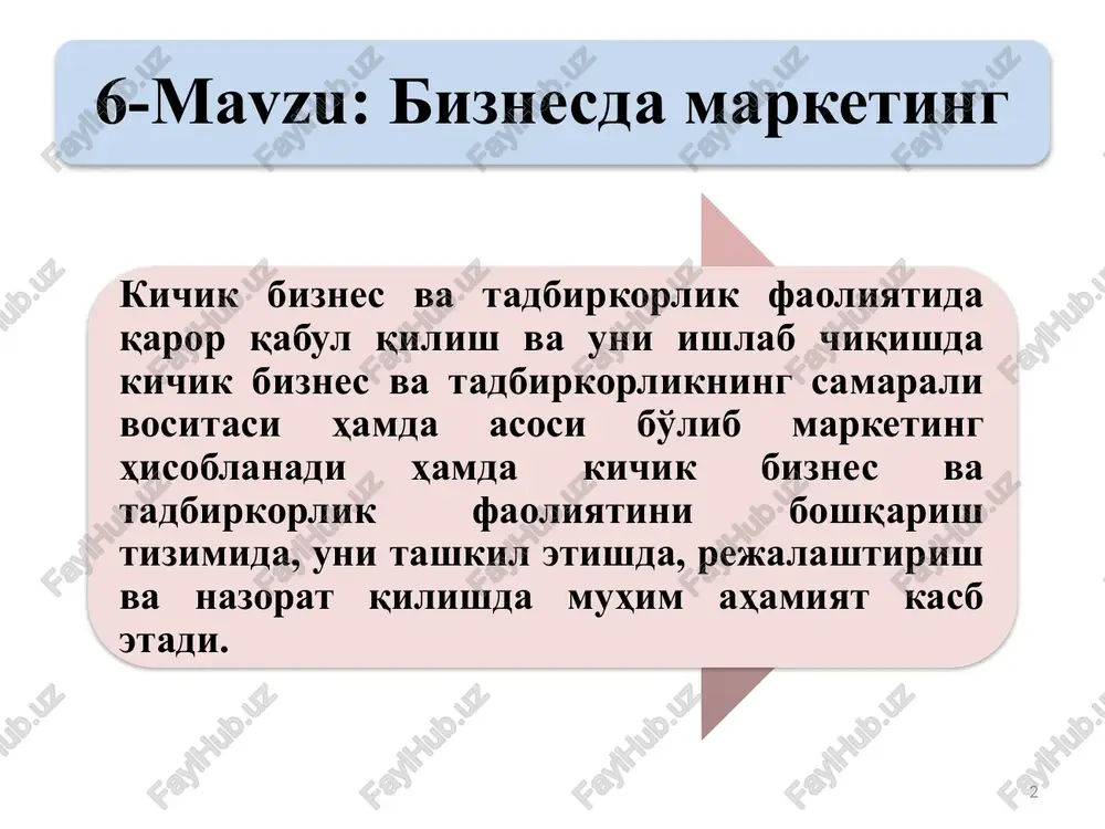 ktsiyalari marketing tadqiqotlari narxni tashkil etish funktsiyasi marketing – menedjment funktsiyasi tovarni siljitish sotish va taksimot funktsiyasi 7 6r modeli: tovar (product), narx (price), sotish yoki tovar harakati (place), siljitish yoki kommunikatsiyalar (promotion), xodimlar (people), harakat tarzi kiradi. 1999 yilda djon baller 10p modelini nashr qildi. unga quyidagilar kiradi: philosophy – tashkiliy falsafasi-g'oyasi; personality – zaruriy korxona falsafasini qo'llab-quvvatlovchi personal; people – insonlar; products – tovarlar; prices – narxlar; place – o'rin-joy; promotion – siljitish, performance – korxona faoliyatini baholash-bajarish, perseption – his-tuyg'u, positioning – pozitsiyalashtirish. 8 9 xalqaro bozorni taxlil etish marketing tadqiqotlar funktsiyasi sotish bozorini tadqiq etish raqobatlarni o'rganish axborot to'plash va qayta ishlash iste'molchi extiyojlarini tadqiq etish marketing-miks komplksini tadqiq qilish marketing operatsiyalarini o'rganish benchmarketing talabni va sotishni bashorat qilish 9 22.02.2023 10 marketing maxsulotlarni ishlab chiqarish sifat xarajatlar kuyiladigan talablar maxsulotlarni sotish bozorni o'rganish talab taklif bozorga ta'sir utkazish choralari sotuvni tashkil etish savdo reklama 10 …