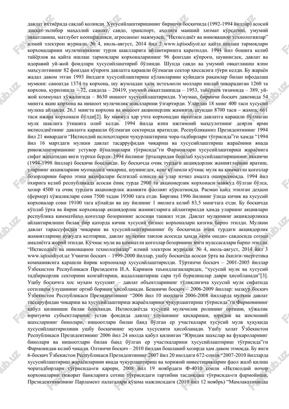 o'tishi jarayoni, xilmaxil mulkchilikni shakllantirish, iqtisodiyotni davlatlashtirishdan qaytish yo'llaridan biri. mulkni davlat tasarrufidan chiqarish x. dan tashqari shu mulk hisobidan boshqa nodavlat mulk shakllarini vujudga keltirishni ham nazarda tutadi (q. davlat mulkini xususiylashtirish, davlat tasarrufidan chiqarish). davlat tasarrufidan chiqarish – davlat korxonalarini va tashkilotlarini xo'jalik shirkatlari va jamiyatlariga, ommaviy mulk bo'lmaydigan boshqa korxonalar va tashkilotlarga aylantirishdir. xususiylashtirish – jismoniy shaxslarning va davlatga taalluqli bo'lmagan yuridik shaxslarning ommaviy mulk ob'ektlarini yoki davlat aktsiyador jamiyatlarining aktsiyalarini davlatdan sotib olishidir. davlat mulkini xususiylashtirish — davlatning o'z ixtiyoridagi i. ch. vositalari, mol-mulk ob'ektlarini, korxonalar, uy-joy, transport vositalari, tabiat resurslari va b. ni davlat tasarrufidan chiqarishi va fukarolar, jamoalar, shuningdek, davlatga tegishli bo'lmagan yuridik shaxslarga berishi yoki sotishi; davlat mulki asosida turli (aktsiyali, xususiy, oilaviy, qo'shma, aralash, korporativ) mulk shakllarini vujudga keltirish. o'zbekistonda amalga oshirilayotgan iqtisodiy islohotlarning asosiy negizini mulkni davlat tasarrufidan chiqarish va uni xususiylashtirish tashkil etadi. respublikada mulkni davlat tasarrufidan chiqarish va xususiylashtirishga …