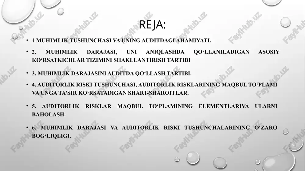 ining xususiyatlari, vaqti va chuqurligini aniqlashda; xatolar ta’sirini aniqlashda. muhimlik darajasining absolyut miqdorini topishda auditor audit qili-nadigan xo‘jalik yurituvchi sub’yekt hisobotining ishonchliligini tavsiflaydigan eng muhim ko‘rsatkichlarni asos qilib olishi zarur. bunday ko‘rsatkichlar keyinchalik shartli ravishda moliyaviy hisobotning asosiy ko‘rsatkichlari deb ataladi. ular aniqlanganidan so‘ng tegishli tarzda hujjatlashtiriladi va tekshiruvda doimiy asos sifatida qo‘llaniladi. muhimlik darajasi rejalashtirish bosqichida aniqlanadi va mijoz-korxonaning xususiyatlariga bog‘liq. jumladan, faoliyat tarmogi, tugallanmagan ishlab chiqarish, soliqqa tortilgungacha foyda summasi, balansning jami summasi, shartli majburiyatlarning mavjudligi, kreditorlik qarzlar, kapital summasi, hisobotda kutilmagan moddalarning paydo bo‘lishi va boshqalar. auditor audit o‘tkazish chog‘ida muhimlikning ikkita ya’ni sifat va miqdor tomonini nazarda tutishi zarur. sifat nuqtai nazaridan auditor xo‘jalik yurituvchi sub’yekt tomonidan sodir etilayotgan muomalalarning o‘zbekistonda amal qilayotgan me’yoriy hujjatlardan chetga chiqish hollari jiddiy yoki jiddiy emasligini. miqdor nuqtai nazaridan, auditor aniqlangan tafovutlar har birining yoki jamlanmasining miqdoriy mezon – muhimlik darajasidan oshib ketmaganligini aniqlashi lozim. asosiy ko‘rsatkichlar asosiy ko‘rsatkich qiymati …