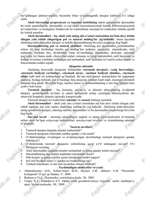 di. umumiy ko‘rsatkichlarga 1)milliy daromad; 2)iste’mol fondi (iqtisodiyot tarmoqlarining bevosita iste’molga yo‘naltirilgan mahsulotlari); 3)milliy boyliklar iste’mol fondi (to‘plangan iste’mol mulklari – turarjoylar, madaniy-maishiy binolar, buyumlar) kabilarning aholi jon boshiga to‘g‘ri keladigan ulushi kiritiladi. bu ko‘rsatkichlar jamiyat ijtimoiy-iqtisodiy taraqqiyotining umumiy darajasini ifodalaydi. xususiy ko‘rsatkichlardan 1)iste’mol darajasi va usullari; 2)mehnat sharoitlari; 3) turarjoy ta’minoti va maishiy qulayliklar; 4)ijtimoiy-madaniy xizmat ko‘rsatish darajasi; 5)bolalarni tarbiyalash sharoitlari; 6)ijtimoiy ta’minot va boshqalarni keltirib o‘tish mumkin. mazkur ko‘rsatkichlar ijtimoiy taraqqiyot bilan bog‘liq, ammo aholi (mehnatkashlar)ning ma’lum guruhlari, hudud va boshqalar bo‘yicha aniqlashtirilgan. iqtisodiy ko‘rsatkichlar inson va jamiyat hayotining iqtisodiy jihatlarini, ehtiyojni qondirishning iqtisodiy imkoniyatlarini ifodalaydi. ijtimoiy-demografik ko‘rsatkichlar aholining yoshi, jinsi, kasbiy-malakaviy tarkibini, ishchi kuchini jismoniy takror ishlab chiqarishni ifodalaydi. qiymat va natural ko‘rsatkichlar. qiymat ko‘rsatkichlari barcha daromad ko‘rsatkichlari va pul ko‘rinishidagi boshqa ko‘rsatkichlar (tovar aylanishi, xizmatlar, tashishlar, pul jamg‘armalari va qo‘yilmalari va hokazolarning hajmi)ni o‘z ichiga oladi. natural ko‘rsatkichlar natural birliklarda (dona, kv.m., kub m. va hokazolar) …