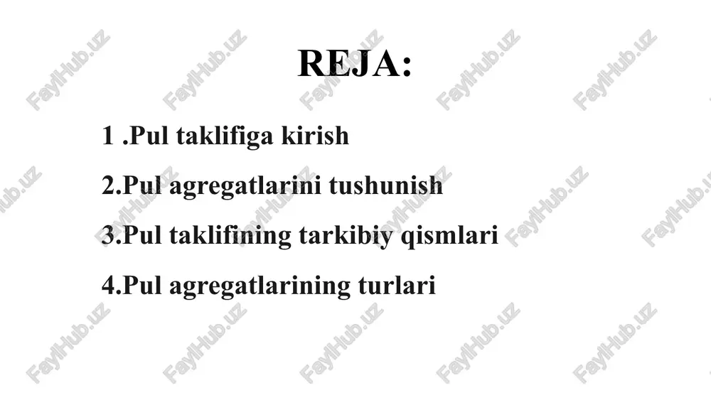 (m2 plyus yirik muddatli depozitlar va institutsional pul bozori fondlari) kiradi. ). 1.pul agregatlarining tarkibini tushunish iqtisodiyotning umumiy salomatligi va barqarorligini tahlil qilish uchun juda muhimdir. pul massasining o'zgarishi inflyatsiya darajasiga, foiz stavkalariga va umumiy iqtisodiy o'sishga ta'sir qilishi mumkin. pul taklifi ma'lum bir vaqtning o'zida iqtisodiyotdagi pulning umumiy miqdorini anglatadi. u jismoniy valyuta, talab qilib olinmagan depozitlar va boshqa likvid aktivlarni o'z ichiga oladi. 01 pul massasini o'lchaydigan turli xil pul agregatlari mavjud. bularga m0 (jismoniy valyuta), m1 (naqd pul va hisobvaraqlar), m2 (m1 plyus jamg'arma hisobvaraqlari va kichik muddatli depozitlar) va m3 (m2 plyus yirik muddatli depozitlar va institutsional pul bozori fondlari) kiradi. 02 har xil turdagi pul agregatlarini tushunish iqtisodiyotning umumiy salomatligi va barqarorligini tahlil qilish uchun juda muhimdir. pul massasining o'zgarishi inflyatsiya, foiz stavkalari va umumiy iqtisodiy faoliyatga sezilarli ta'sir ko'rsatishi mumkin. 03 pul agregatlarining turlari pul-kredit siyosati va pul taklifi pul-kredit siyosatini amalga oshirishda pul …