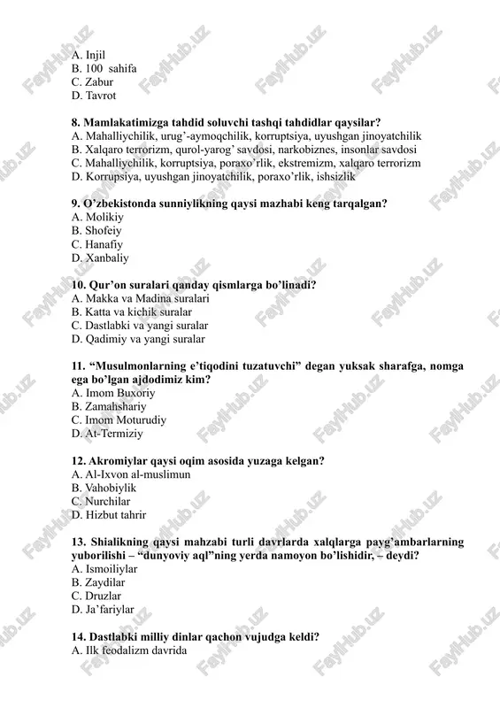 deydi? a. ismoiliylar b. zaydilar c. druzlar d. ja’fariylar 14. dastlabki milliy dinlar qachon vujudga keldi? a. ilk feodalizm davrida b. quldorlik jamiyatida c. ibtidoiy jamiyatda d. urug’chilik tuzumi shakllanayotgan davrda 15. totemizm tushunchasini fanga kim kiritgan? a. a.m. zolotarev b. eduard teylor c. s.a.tokarev d. i. kant 16. payg‘ambar s.a.v onasi omina bint vahb arablarning qaysi urug‘idan edi? a. banu zuhra urug‘idan b. bakriy urug‘idan c. banu abdul ashhal urug‘idan d. banu asad urug‘idan 17. marg’iloniyning “hidoya” asarining ma’nosi nima? a. “kerakli o’git” b. “haqqa eltuvchi yo’l” c. “to’g’ri yo’l” d. “ma’nolar xazinasi” 18. buddaviylik ta’limotiga ko’ra olam nechta bosqichdan iborat? a. uch b. to’rt c. yetti d. sakkiz 19. xristianlarning qayerda bo’lib o’tgan jahon yig’ilishida cho’qinish va tirilish haqidagi yangi aqida qabul qilingan? a. yefes soborida b. nikey shahrida c. rimda d. konstantinopolda 20. buddaviylik ta’limotini tartibga solish maqsadida qachon va qayerda buddaviylarning maxsus ibodatxonasida tripitakaning turli tarjimalari …