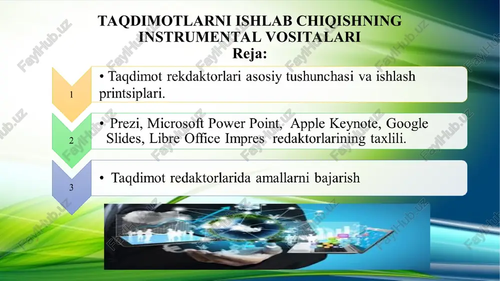 h rejimini tanlash 2 slayd tasviri o`lchamini o`zgartirish «minus» (-) va «plyus» (+). 3 boshlangich xolatga qaytish * ms power point 2007 va keying versiyasilarida intefeys yangicha yaratilgan. bu menyu polosa «lenta» deb ataladi va unda guruhlarga ajratilgan vizual komandalar mujassamlashgan. lenta prezentatsiya yaratishda markaziy vosita vazifasini bajaradi. .microsoft power point dasturi menyulari * na etom zanyatii budut dani obshie svedeniya o soderjimom lenti i podrobno rassmotrena ee struktura, chto pomojet bistree ee osvoit. zdes takje rasskazivaetsya o drugix elementax powerpoint 2007, takix kak sochetaniya klavish, panel bistrogo dostupa i dr. asosiy vazifalarni bajaruvchi menyular dastur menyulari: fayl, glavnaya, vstavka, dizayn, animatsiya, pokaz slaydov, retsenzirovanie, vid, format * vkladka «vstavka»: vse, chto mojet ponadobitsya na slayde, — tablitsi, risunki, sxemi, diagrammi, tekstovie polya, zvuki, giperssilki i kolontituli. vkladka «dizayn»: pozvolyaet vibirat obshiy vid slayda, fonoviy risunok, shrifti i tsvetovuyu sxemu. posle etogo mojno nastroit parametri slayda bolee detalno. vkladka «animatsiya»: …