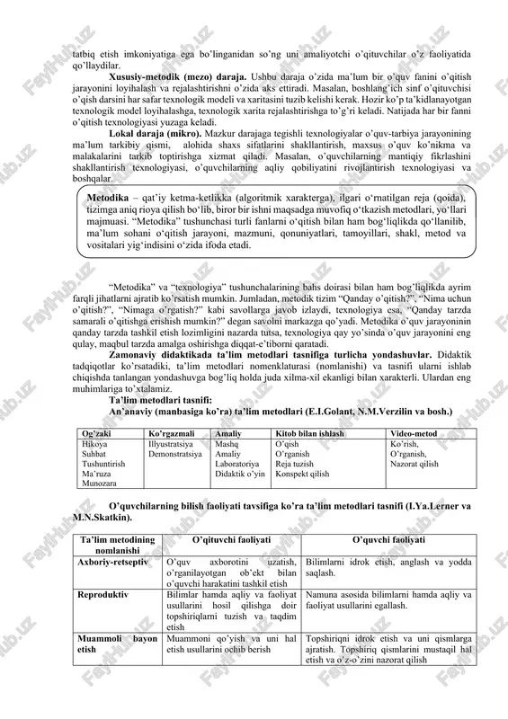 hilar tomonidan turli usullarda ochib berilishi mumkin. ta’lim usuli – o‘qitish metodining tarkibiy qismi yoki alohida tomoni. usul va metod butun va qism sifatida bir-biriga bog‘lanadi. usullar yordamida faqat o‘quv vazifasining bir qismi hal qilinadi. masalan, o’qituvchilar tomonidan ko’p qo’llaniladigan mashq manbasiga ko’ra amaliy metod hisoblansa, uni qo’llash esa bir nechta usullar (mashqning qoidasini o’qib berish (1-usul), bittasini namuna sifatida bajarib ko’rsatish (2-usul), o’qituvchining namunasi asosida o’quvchilar tomonidan mashqning bajarilishi (3-usul), o’quvchilar tomonidan bajarilgan mashqlarni tekshirish va xatolarini tuzatish (4-usul) va boshqalar) yordamida amalga oshiriladi. o’qituvchilarning ayrimlari esa, “metod” tushunchasining o’rniga “uslub” tushunchasini ham qo’llaydilar. ammo “uslub” tushunchasi “metod” atamasining mohiyatini o’zida to’liq aks ettira olmaydi. chunki uslub ko’proq xususiy (so’z borayotgan holatda aynan o’qituvchiga xoslikni ifoda etadi) tavsifga ega bo’lib, aniq maqsadga erishish yo’li sifatida xizmat qila olmaydi. pedagogik texnologiya – bu muayyan loyiha asosida tashkil etiladigan, aniq maqsadga yo‘naltipilgan hamda ushbu maqsadning natijalanishini kafolatlovchi pedagogik faoliyat japayoni mazmunidir. …