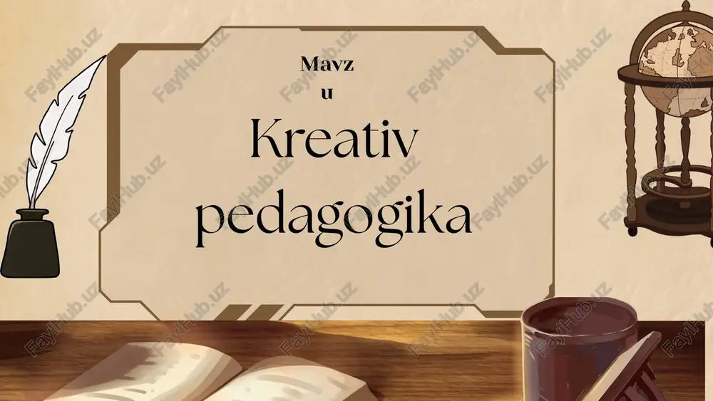 e. torrance) kreativlikni o‘lchash va rivojlantirish usullarini ishlab chiqib, uni alohida ilmiy yo‘nalish sifatida asosladilar. bu ta’lim jarayonida yangicha, noodatiy va ijodiy yondashuvlardan foydalanib, o‘quvchilar tafakkurini rivojlantirish, mustaqil va original fikrlashni shakllantirishga yo‘naltirilgan pedagogikaning zamonaviy yo‘nalishi. kreativ pedagogika kreativ pedagogika turlari innovatsion pedagogika muammoli pedagogika loyiha asosidagi pedagogika interfaol pedagogika o‘yinli pedagogika raqamli (digital) pedagogika kreativ san’at pedagogikasi innovatsion pedagogika bu ta’lim jarayoniga yangilik kiritish, zamonaviy texnologiya va uslublarni joriy etish orqali ta’lim sifatini oshirishga qaratilgan pedagogika yo‘nalishidir. u an’anaviy o‘qitishdan farqli o‘laroq, o‘quvchini faollikka, mustaqil o‘rganishga va ijodiy fikrlashga undaydi. muammoli pedagogika bu ta’lim jarayonida o‘quvchilarga tayyor bilimni berish emas, balki muammo qo‘yib, uni mustaqil ravishda izlab topishga undashga asoslangan pedagogik yondashuvdir. bu usul o‘quvchini faol fikrlashga, savol berishga, yechim izlashga va xulosa chiqarishga o‘rgatadi. loyiha asosidagi pedagogika bu ta’lim jarayonida o‘quvchilarga real hayotiy muammolarni hal qilish yoki foydali mahsulot yaratishga yo‘naltirilgan loyihalar ustida ishlash imkonini beruvchi metoddir. o‘quvchi …