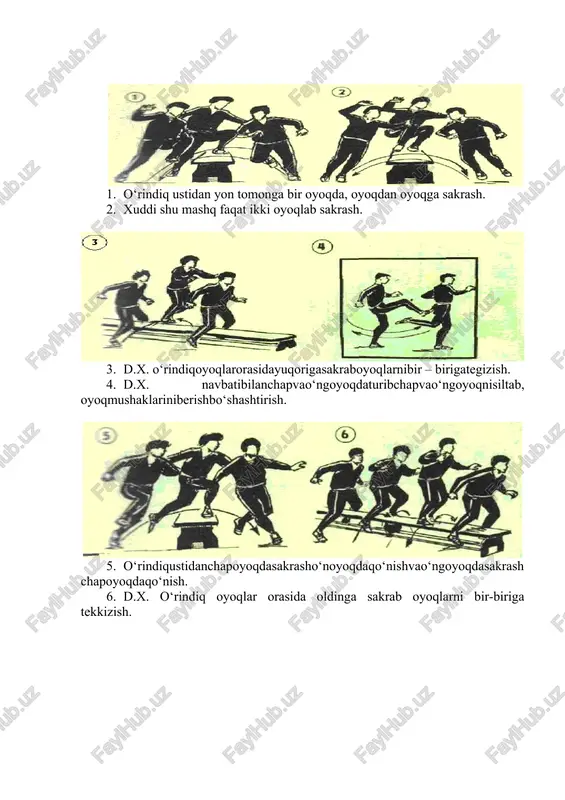 7. d.x. o‘rindiq oyoqlar orasida yuqoriga sakrab navbat bilan chap va o‘ng tomonga 180o ga burilib qo‘yish. 8. d.x. yotgan holda qo‘llar yonda navbat bilan chap va o‘ng oyoqni ko‘tarib o‘ng tomonga burilish o‘ng oyoqni ko‘tarib chap tomonga burilish. uslubiy ko‘rsatma: har bir mashqlar 8 – 10 marta takrorlanadi. 2. basketbol o‘yinida to‘pni boshqarishning texnik usullar, to‘pni olib yurish, to‘pni uzatish va qabul qilish. basketbol o’yinida harakatlanish texnikasini o’rgatish. (dastlabki holatda turish, burilish) o‘rgatishni harakatlanish texnikasi bilan birga to‘pni ilib olish uzatish, tishlash va olib yurishdan boshlash kerak. harakatlanish: harakatalagishga yugurish, sakrash, burulish va boshqa usullar kiradi. dastlab yugurish bilan to‘xtashni keyin sakrash bilan burilishni o‘rgatish lozim yugurish: yugurish yordamida shug‘ullanuvchi bir joydan ikkinchi joyga tez ko‘chadi. bu esa o‘yin suratini oshiradi. yugurish mashqlarini ketma – ket ravishda tanlab olish kerak oddiy yugurish, yo‘nalishni o‘zgartirish bilan to‘g‘g‘ri tez yugurish (zigzaksimon, yoysimon va burilishlar bilan), yugurish tezligini o‘zgartirib tashlanib va to‘xtab …