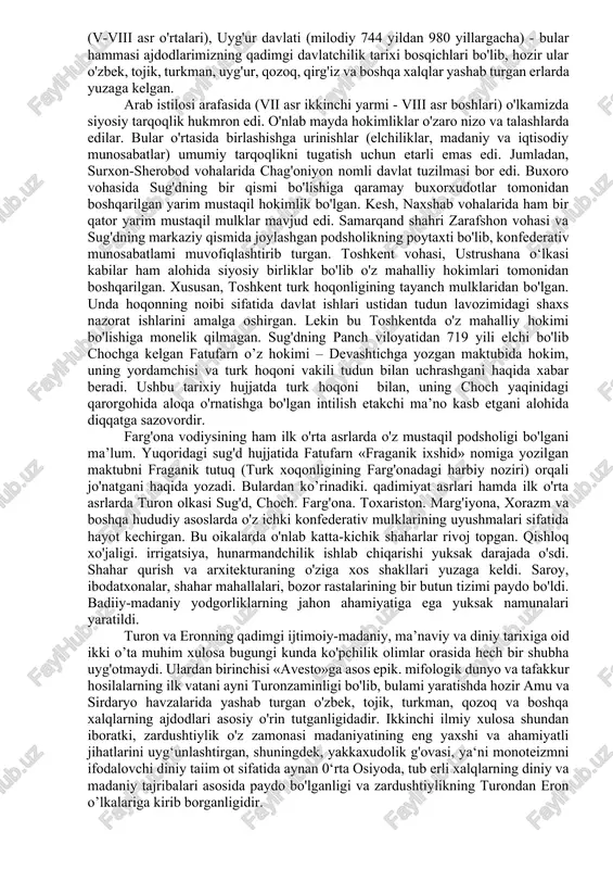 an, bizning olkamizni ham birlashtirdi. iskandar tuzgan imperiya uning olimidan so‘ng (miloddan awalgi 323 y.) tezda parchalanib, salavkiylarga tekkan qismi tarkibiga parfiya, sugkd, baqtriya erlari ham kirdi. miloddan avvalgi 312 yilda yuzaga kelgan salavkiylar davlati ham yo'qlik sari keta bordi. 250 yillarda undan parfiya va baqtriya davlatlari ajralib chiqdi. yunon-baqtriya davlati (miloddan awalgi 256 yildan i asr o‘rtalarigacha), parfiya davlati (miloddan awalgi 250 yildan milodiy 224 yilgacha), qadimgi xorazm davlati (miloddan awalgi iv asrdan milodiy i asrgacha), afrig'iylar xorazm davlati (milodiy iv asr boshidan viii asrgacha), qadimgi farg‘ona davlati (xitoy manbalarida davan atalgan yurt-miloddan awalgi ii asrdan milodiy iii asrgacha). qangli davlati (xitoy manbalarida kangyuy) miloddan awalgi ii milodiy iii-iv asrlar, qushon davlati (miloddan awalgi i - milodiy iv asrlar). eftalitlar davlati, kidarlar va xionlar davlati (iv-v asrlar), qadimgi turk xoqonligi (milodiy 545-744), sug'd konfederativ davlati (v-viii asr o'rtalari), uyg'ur davlati (milodiy 744 yildan 980 yillargacha) - bular hammasi ajdodlarimizning …