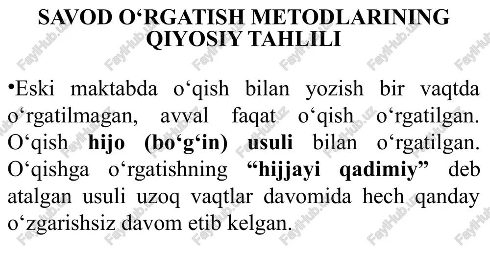 n. eski maktabda “zeru-zabar” (zabar, zer, pesh) har xil o‘rgatilgan. masalan, ba’zi domlalar ب) be, zabar-ba), be-zer-bi, be-pesh-bu, te-zabar-ta va hokazo kabi o‘rgatsalar, boshqalari be zabar ba, te zabar ta kabi, yana birovlari be-zabar-a; zer-i, pesh-u; te-zabar-a, zer-i, pesh-u tarzida o‘rgatganlar. maktabxonada “zeru zabar” quruq yodlatilgan, nimaga xizmat qilishi aytilmagan. aslida esa bu belgilarning ma’lum xizmati bor: zabar (fatha) - undosh harf ustidagi urg‘u belgisiga o‘xshash chiziqcha bo‘lib, undoshga a unli tovushini qo‘shib aytish zarurligini ko‘rsatadi; zer (kasra) undosh harf ostidagi chiziqcha bo‘lib, shu undoshga i unli tovushini qo‘shib aytish kerakligini bildiradi; pesh (zamma) esa undosh harf ustiga qo‘yiladigan belgi bo‘lib, shu undosh tovushga u unlisini qo‘shib aytish zarurligini ko‘rsatadi. demak, arabcha matnlarni o‘qish uchun “zeru zabar”ni bilish juda zarur bo‘lgan, ammo o‘qishga o‘rgatish anglab o‘qishga asoslanmagani uchun bolalar mim zabar ma, mim zer mi, mim pesh mu deb yodlaganlar, “zeru zabar”ning mohiyatini anglamaganlar. 3-bosqich. bo‘g‘inlarni qo‘shish. eski maktabda bo‘g‘inlarni …