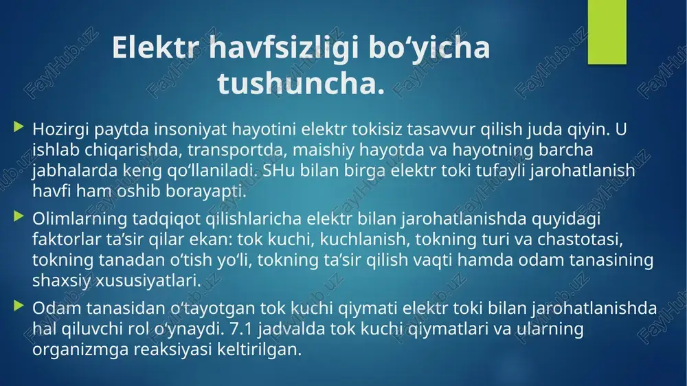 15-20 m masofada erda tokli maydon hosil bo‘ladi. shu maydonga kirib qolgan kishi oyoqlari orasida qadam kuchlanishi (r 0,8m) paydo bo‘ladi, bu esa havfli. tokning turi va chastotasi. ishlab chiqarish chastotasidagi (50 gs) o‘zgaruvchan tok kishining asab sistemasiga kuchli ta’sir ko‘rsatadi va mushaklarni qisqartiradi. shuning uchun kishi tokli qismlarga tegib ketsa (tok kuchi 0,02 a) mustaqil ulardan ajralib chiqolmaydi. chastotaning ortishi bilan tokning havfli ta’siri kamayib boradi. lekin bu pasayish 1000 gs gacha davom etadi. chastotasi 50 gs va 500 gs bo‘lgan tok bir xil havflidir. himoyalash uchun yerga ulash sxemasini o‘rganish. tokning yo‘li. bunda elektr tokining kishi tanasidan o‘tish yo‘li tushuniladi. bu jarohatlanishda muhim ro’l o‘ynaydi. organizmda tokning o‘tish yo‘li quyidagicha bo‘lishi mumkin. tok tanadan eng qisqa yo‘l bilan o‘tadi degan fikr noto‘g‘ridir. har xil a’zolarning tokka qarshiligi har xildir. bunda eng muhimi umumiy tokning necha foizi yurakdan o‘tishidadir. masalan: qo‘ldan-qo‘lga o‘tganda yurakdan 3,3% chap qo‘ldan oyoqqa o‘tganda yurakdan …