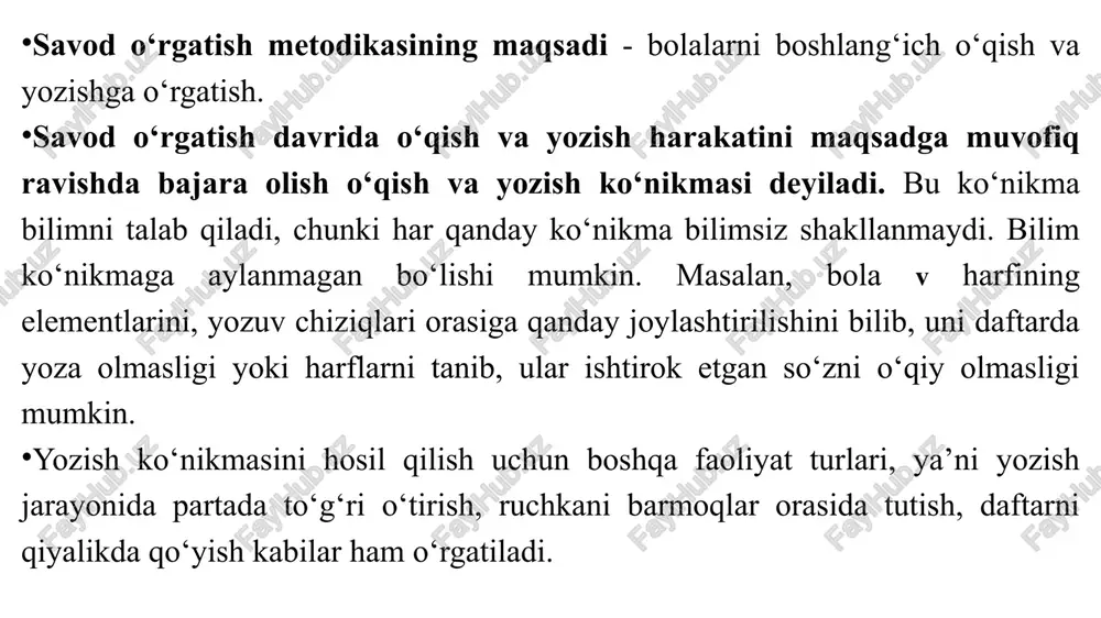 di. shunday ekan, savod o‘rgatish jarayonida bola juda ko‘p o‘qishi va yozishi zarur. o‘qish uchun ham, yozish uchun ham yangi matn olinadi, chunki bir matnni bir necha bor qayta o‘qish bilan maqsadga erishish qiyin. bu ko‘pincha o‘qilgan matnni yuzaki yodlab olishga olib keladi. takroriy faoliyatda vaziyat va mazmunning almashinishi malakani mustahkamlashga yordam beradi, qobiliyatni o‘stiradi. o‘quvchi oldida uzoq muddatda amalga oshadigan maqsad - o‘qish va yozishni o‘rganish hamda hozirda bajarishi shart bo‘lgan kundalik maqsad - topishmoqni o‘qish va javobini topish, so‘z va gaplarni o‘qish, rasm asosida so‘zlab berish kabilar turadi. o‘zbek tili yozuvi tovush yozuvi, ya’ni fonematik yozuvdir. har bir tovush uchun, har bir fonema uchun maxsus grafik shakl (harf) olingan. o‘qishda grafik shakllar tovushga aylantirilsa, yozuvda aksincha, tovushlar harflarga aylantiriladi. bu o‘qish va yozish faoliyatida o‘quvchi uchun qiyinchilik tug‘dirgandek tuyulsa-da, aslida o‘qish va yozish jarayonini soddalashtiradi, chunki tilimizdagi tovushni ifodalovchi harflar soni uncha ko‘p emas. o‘qish va yozishni o‘zlashtirish …