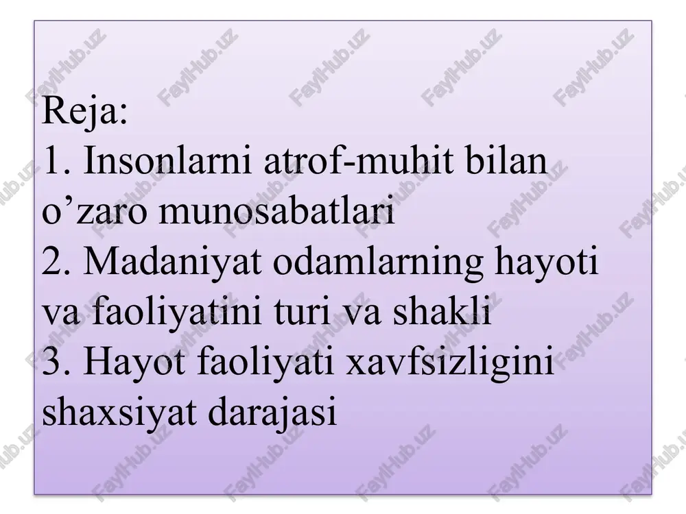 i va mehnat gigiyenasi asoslarini oʻrgatish; mehnat qilish va dam olish qonunqoidalarini ishlab chiqish va i.ch.ga tatbiq qilish. texnik tadbirlar maʼlum meʼyorlar va qoidalarga asoslanadi. bunda insonning ruhiy, anatomik, fiziologik xususiyatlari hisobga olinadi. mas, mashinaning boshqarish organlarini inson uchun qulay yerga joylashtirish, ish vaqtida zararli chang, gaz chiqmasligini taʼminlash zarur, xavfli taʼsirlardan himoya qilish uchun toʻsiqlar qilinadi, ogohlantiruvchi belgilar va plakatlar osib qoʻyiladi. koʻpincha ishlayotgan mashinalarning uzellari bilan bogʻliq qurilmalar (elektron qurilmalar, fotoelement, avtomatik saqlagich) dan foydalaniladi. bularga saqlagich klapanlari, vklyuchatellar, eruvchan saqdagichlar, shtiftlar va boshqa kiradi. xavfli, zararli ishlarni bajarishda jarayonlarni uzokdan turib boshqarish usuli yaxshi samara beradi. himoya qilishda signalizatsshdan foydalaniladi. insonlarni atrof-muhit bilan o’zaro munosabatlaridagi xavflarga reaksiyasi hayvonlarning instinktiv harakatlaridan farqli o’laroq, o’zining fahm-farosati natijasida voqealarni avvaldan rivojlanishini baholay olishi bilan farqlanadi. bufazilati xavfsizlikni oldini olish chora-tadbirlarini va samarali qo’llash variantlarini topishga imkon beradi. insonlar tomonidan xavfsizlikni oldini olishchora-tadbirlari nafaqat mavjud xolatda muxofazalanishni va tazyiqning ma‘lumqismini bartaraf …