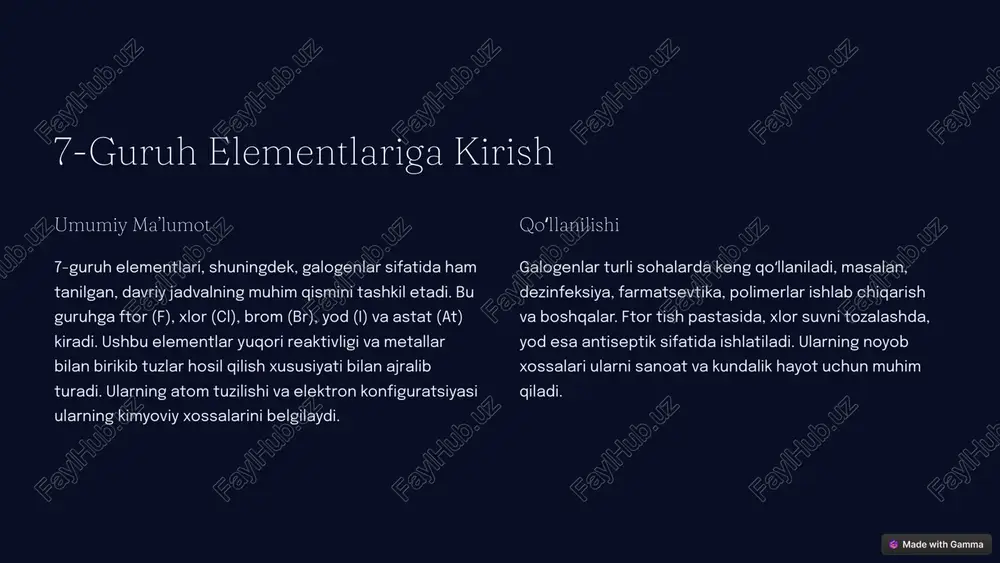 2 ionlanish energiyasi ionlanish energiyasi, aksincha, guruh boʻylab pastga tushganda kamayadi. bu tashqi elektronni atomdan ajratib olish uchun zarur boʻlgan energiyaning kamayishi bilan bogʻliq. ftorning ionlanish energiyasi yodga nisbatan yuqoriroq. 3 elektr manfiyligi elektr manfiyligi – atomning elektronlarni oʻziga tortish qobiliyati ham ftordan yodga tomon kamayadi. 4 marganetsning tabiatdagi tarqalishi va mineral tarkibi tabiatdagi tarqalishi marganets tabiatda keng tarqalgan element boʻlib, yer qobigʻining taxminan 0,1% ini tashkil qiladi. u asosan turli minerallar tarkibida uchraydi. asosiy minerallari piroluzit (mno₂) rodoxrozit (mnco₃) braunite (mn²⁺mn³⁺₆sio₁₂) manganit (mno(oh)) konlar marganets konlari koʻpincha ukraina, janubiy afrika, avstraliya, gabon va braziliya kabi mamlakatlarda joylashgan. ushbu konlar marganetsni sanoat miqyosida olish uchun asosiy manba hisoblanadi. 5 marganetsning sanoatda olinishi 1 elektroliz yuqori tozalikdagi marganets olish uchun 2 aluminotermiya metall marganets olish uchun 3 karbonotermik qaytarish ferromarganets ishlab chiqarish uchun marganetsni sanoatda olishning bir necha usullari mavjud. karbonotermik qaytarish usuli ferromarganets ishlab chiqarish uchun keng qoʻllaniladi. aluminotermiya usuli …