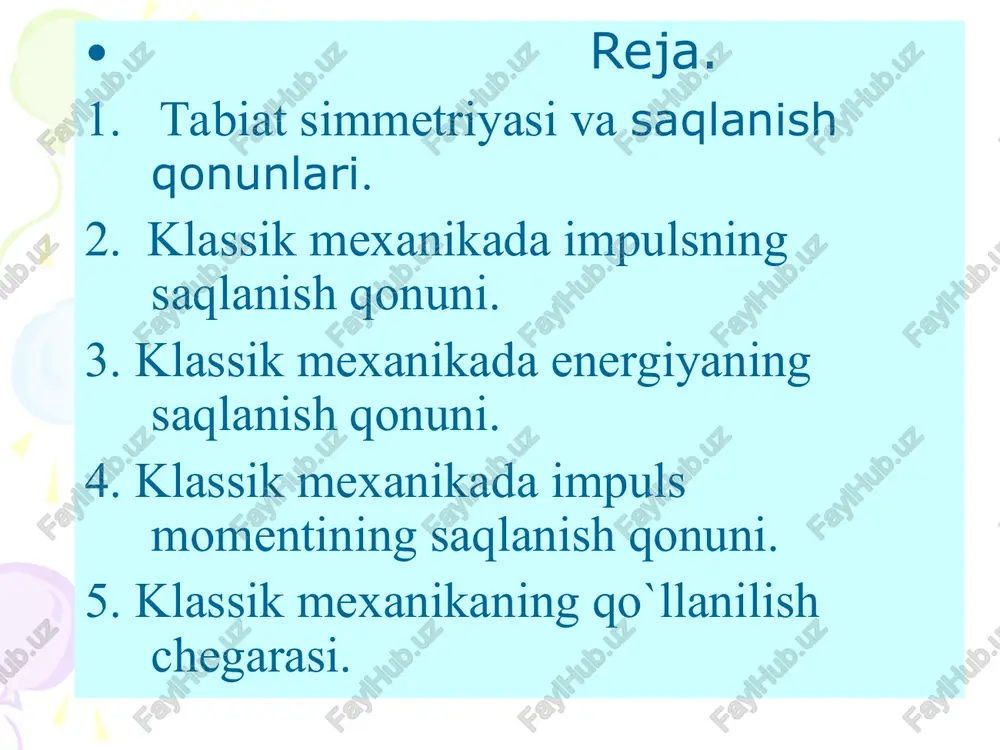 b va ichki kuchlarning yigindisi nolga teng ekanligidan kuyidagi tenglik kelib chikadi: sistema impulsi uni tashkil kilgan jismlar impulslariiing yigindisiga teng r = p1 + r2 + r3, va f = f1 + f2 + f3=o tashki kuch nolga teng deb xisoblasak: bu ifoda impulsning saklanish konuni deyiladi. berk sistemalarda impuls uzgarmas ekan ichki kuchlar sistema impulsini uzgartira olmaydi. 3. klassik mexanikada energiyaning saqlanish qonuni. umuman xar kanday jism xam kinetik, xam potentsial energiyaga egadir. sistemani kinetik va potentsial energiyalar yigindisi uning tula mexanik energiyasi deyiladi. kuyidagi ifodada (er va jicmdan iborat sistemaga tadbik etsak, bunda er va jismdan iborat sistemani tula mexanik energiyasi buladi) birinchi xad m massali jicmning kinetik energiyasi, ikkinchisi potentsial energiyadir. bu mexanik energiyaning saqlanish qonunini matematik ifodasidir. bu qonunga kura yakkalangan sistemalarda energiya o'zgarmasdan saqlanadi. energiyaning saqlanish konuniga asosan yakkalangan sistemalardagi turg'un muvozanatli xolat potentsial energiyaning minimumiga mos kelgan xolat sifatida tushuntiriladi. yakkalangan sistemalarda ishkalanish …