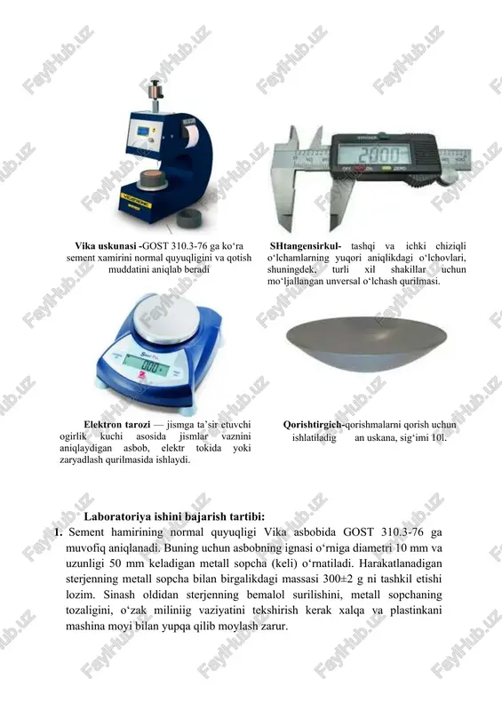 aylantiriladi. hamir qorish va uni iylash jarayoni sementdagi chuqurchaga suv quyilgan paytdan hisoblab 5 minut davom etishi lozim. qorilgan hamirni shisha plastinka ustidagi xalqaga bir yo‘la joylash, xalqani besh-olti marta silkitish uni plastinkaga bosib turgan holda, plastinkani stolga sekin-sekin urish lozim. sement hamirining ortiqchasi xo‘l latta bilan artilgach pichoqda sidirib tashlanadi. 4. xalqa plastinkasi bilan birga vika asbobining sterjeni tagiga qo‘yiladi, metall sopcha xalqaning qoq o‘rtasida hamirga tekkiziladi va qisish vintini burab shu vaziyatida mahkamlanadi. shundan keyin qisish vinti burab bo‘shatiladi, shunda sterjen bilan birga sopcha ham hamirga botadi. sterjen bo‘shatilgach paytdan 30 sekund o‘tgach, metall sopchaning hamirga botish chuqurligi asbob shkalasidan yozib olinadi. 5. agar sopchaning uchi shisha plastinkaga 5-7 mm etmagan bo‘lsa, unda hamirning quyuqligi normal hisoblanadi. agar xamirga botirilgan sopcha 5-7 mm dan balandroqda to‘xtagan bo‘lsa, tajribani takrorlash uchun kuproq suv qo‘shib xamir qorishga to‘g‘ri keladi. 6. agar metall sopcha bundan pastrokda to‘xtasa, sinaladigan hamirga suv kamroq …