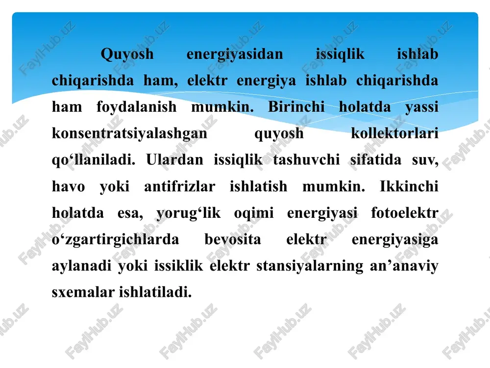 giyasidan ikki xil usulda elektroenergiya ishlab chiqarish mumkin. 1. ana’naviy usulda – suyuqlikni isitish va hosil bo‘lgan bug‘ni issiqlik turbinasiga uzatish orqali. 2. fotoelektr usulida. ana’naviy usulda quyosh energiyasini elektr energiyasiga aylantirish uchun quyosh energiyasini yig‘ib oluvchi geliostatlarning-1 energiyasi suvga to‘ldirilgan bug‘ qozoniga-2 yo‘naltiriladi. hosil bo‘lgan bug‘, generatorni-4 harakatga keltiruvchi issiqlik turbinasiga-3 uzatiladi. turbinani harakatga keltirib ish bajargan bug‘ kondensatorga-5, bug‘ni suvga aylantiruvchi moslamaga uzatiladi. kondensatordan chiqqan suyuqlik yana quyosh geliostatlariga uzatiladi va shu tariqa jarayon davom etadi. 5,6-rasmda quyosh energiyasini suyuqlik - bug‘ yordamida elektr energiyasiga aylantirish sxemasi berilgan. quyosh elektr stansiyalari faoliyatining umumiy asosiy printsipi quyosh energiyasini issiqlik qabul qiluvchiga to'plash printsipiga asoslanadi. issiqlik moslamasida konsentrlangan radiatsiya 200 dan 1000 ° s gacha bo'lgan haroratlarda issiqlik energiyasiga aylanadi (tizimga qarab). an'anaviy issiqlik elektr stantsiyalarida bo'lgani kabi, bu issiqlik energiyasini bug 'yoki gaz turbinasi yordamida elektr energiyasiga aylantirish mumkin. bu energiya keyinchalik nafaqat elektr energiya balki suvni tuzsizlantirish, yaqin …